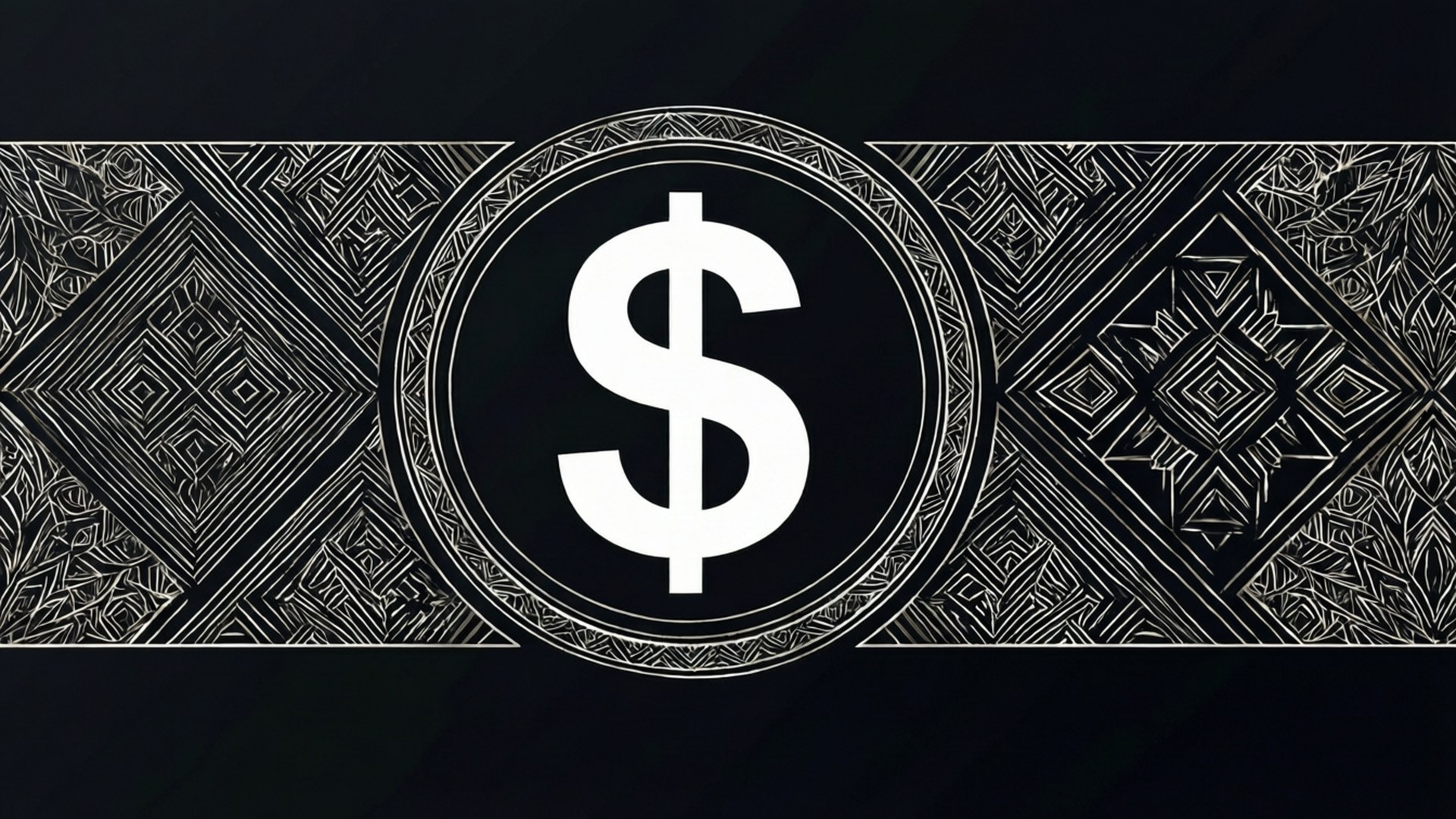 Wit dollarteken gecentreerd in geometrisch patroonbanner op zwarte achtergrond behang.