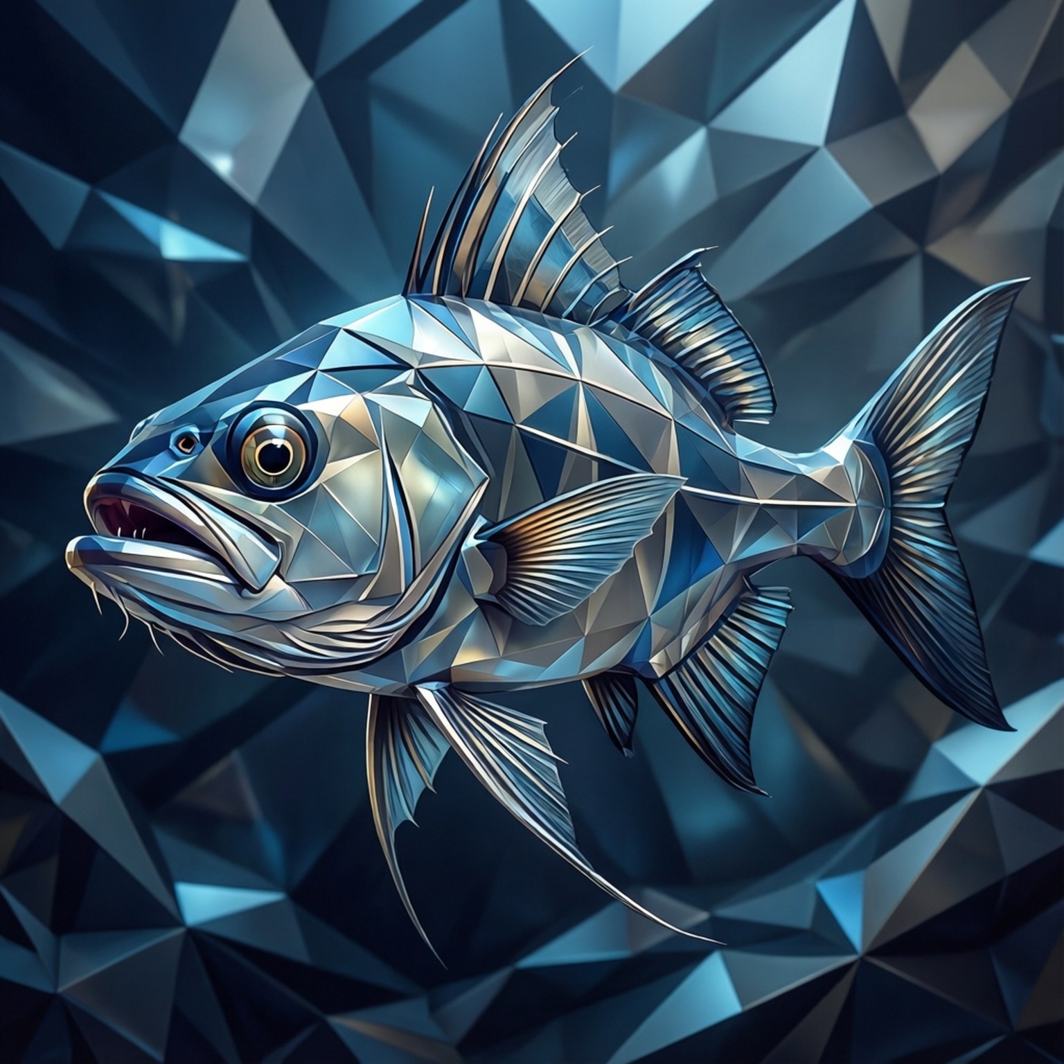 En abstrakt low-poly barracuda i metallisk blå og sølv, futuristisk digital kunst.