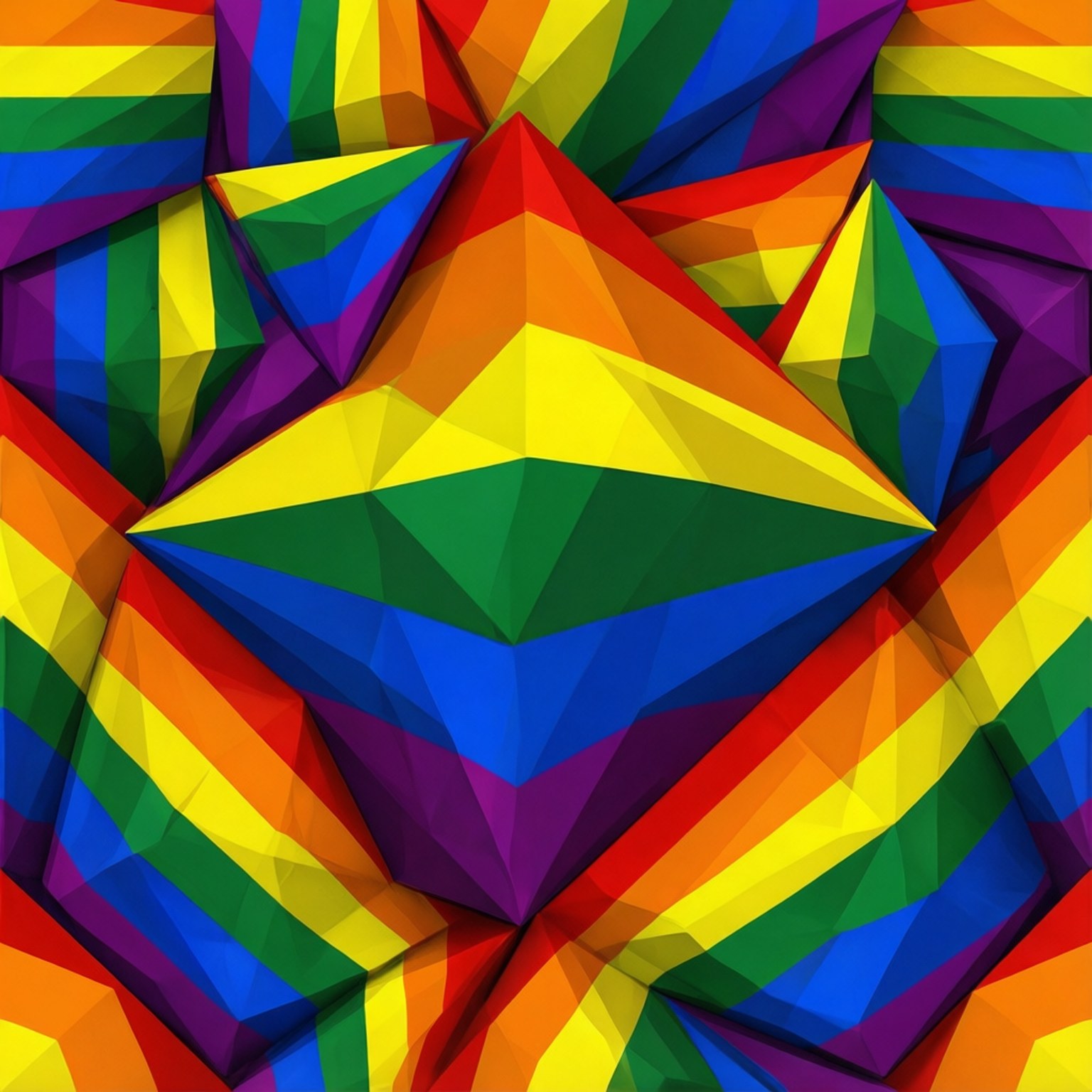 Vibrant geometric rainbow triangles in low poly style with sharp facets and bold color gradients