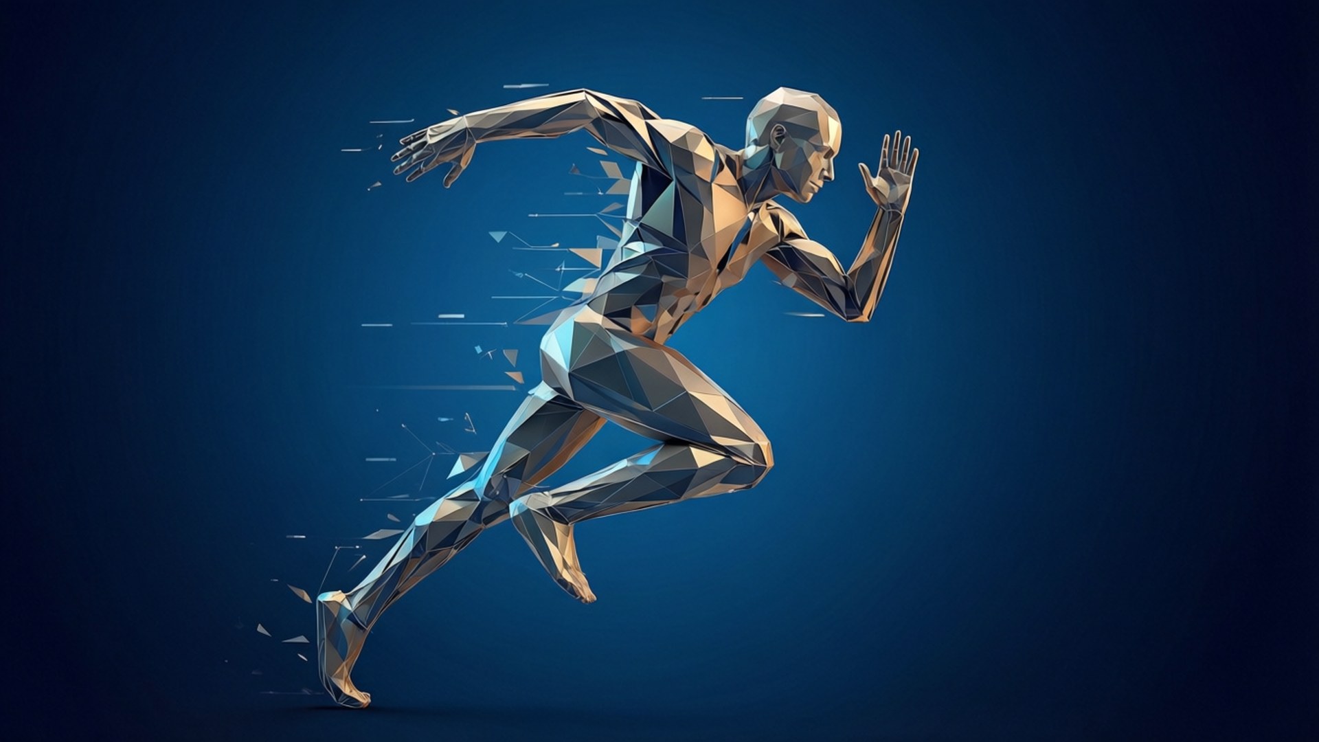 A low-poly geometric human in a dynamic running pose.