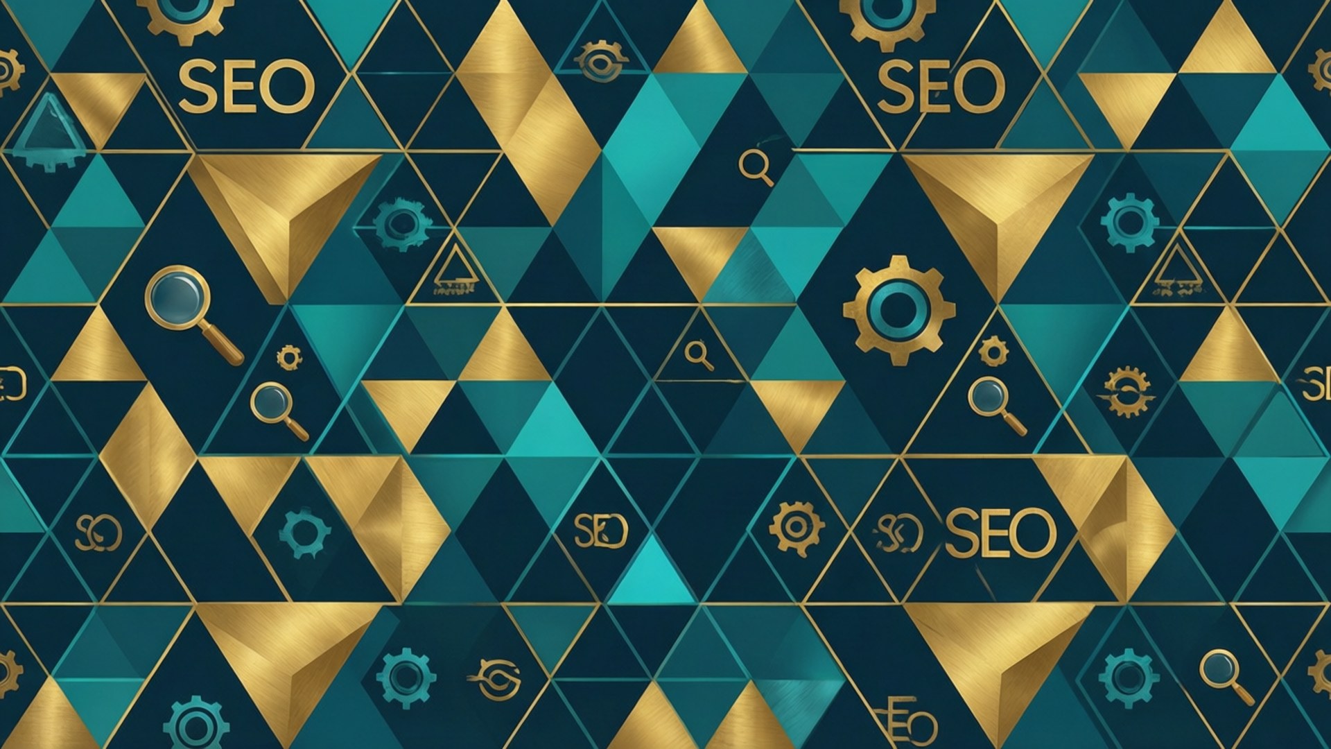 Et moderne geometrisk mønster med SEO-symboler i gull og blågrønt.