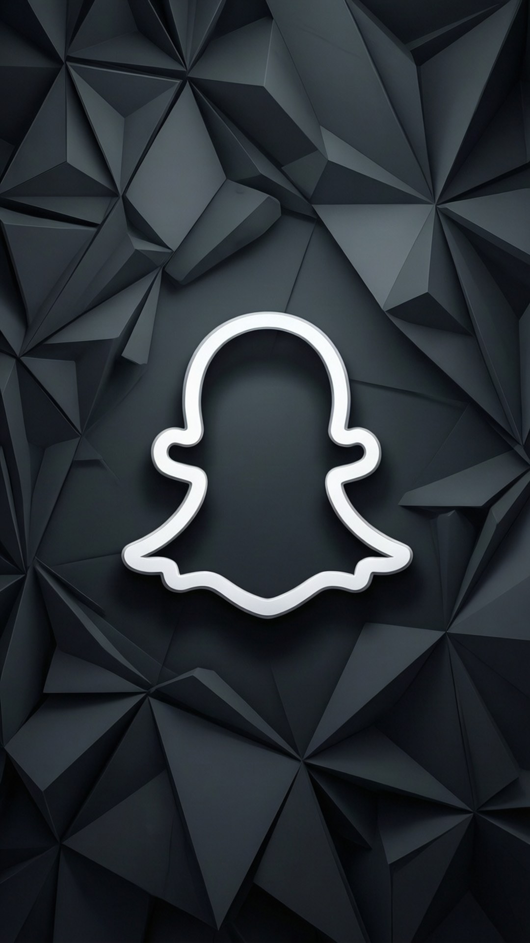 White Snapchat logo floating over a dark geometric pattern.