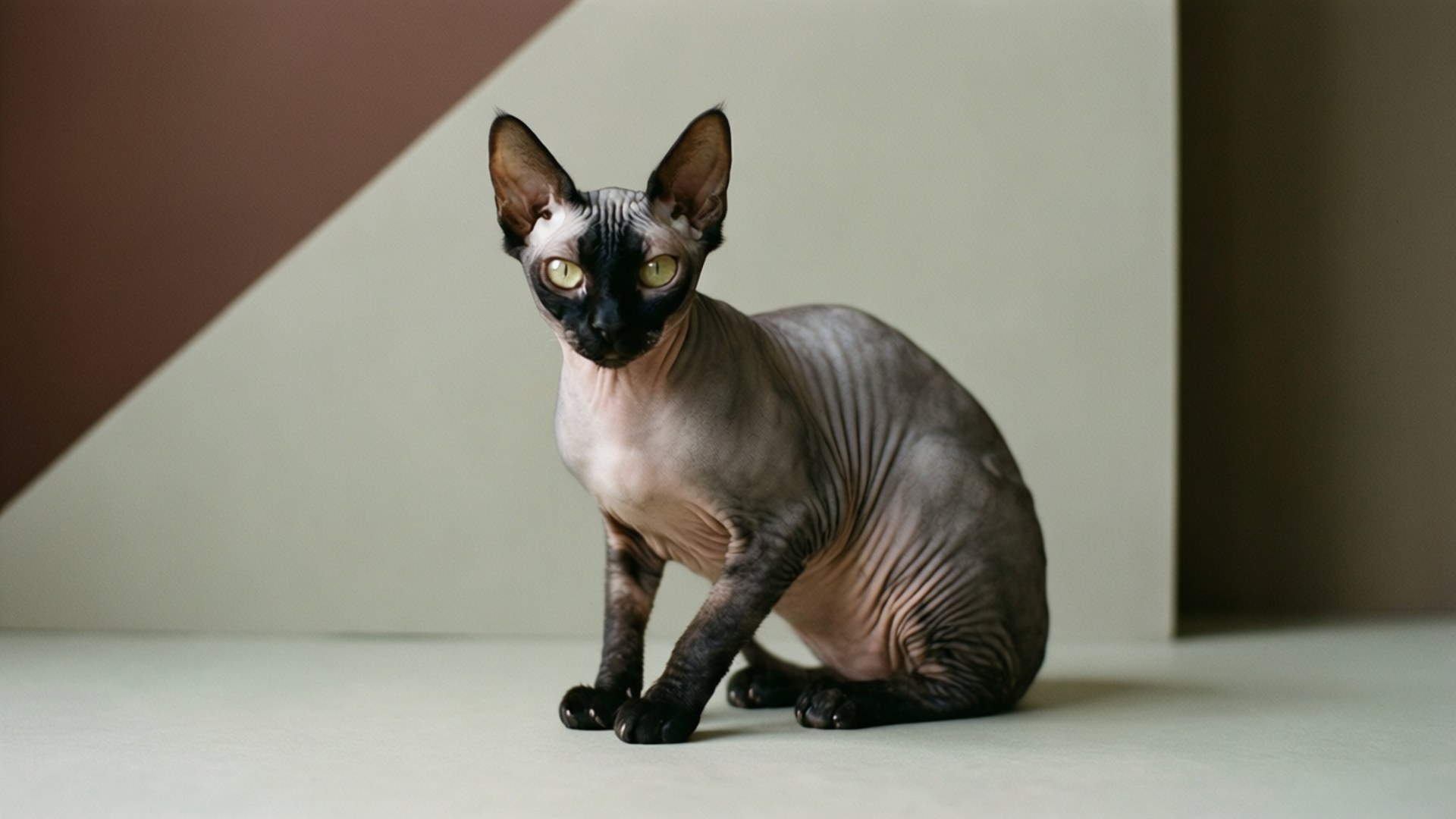 En hårløs Sphynx-kat med grønne øjne sidder roligt i et moderne studiemiljø.
