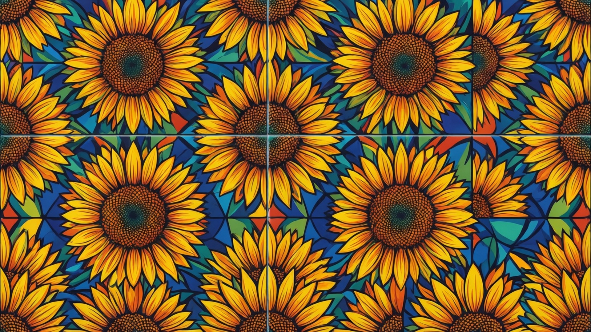 Pola bunga matahari geometris abstrak dalam warna-warna cerah.