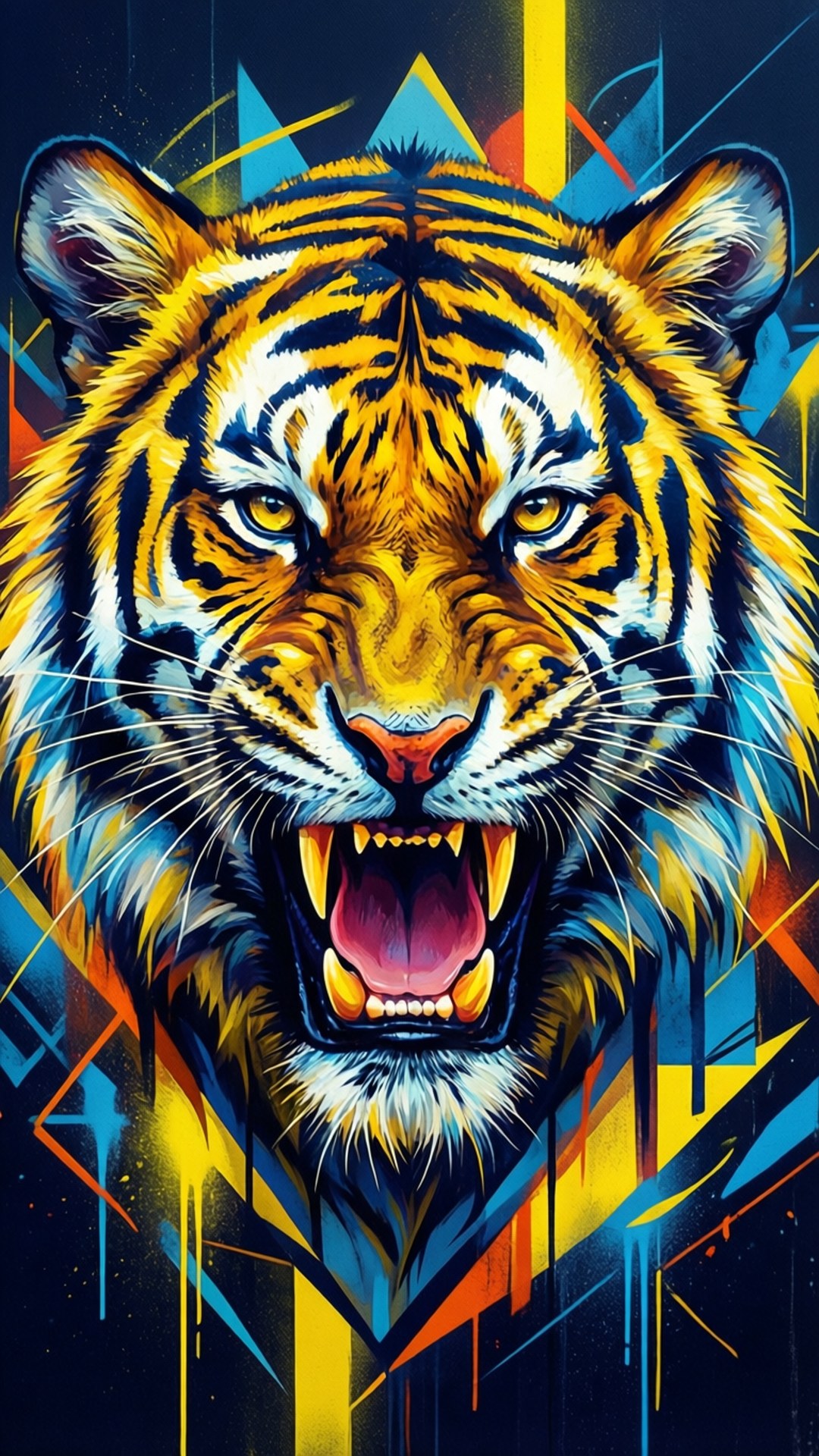 Abstract geometric tiger roaring in yellow and blue