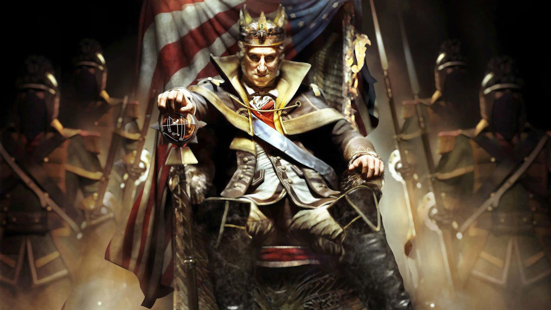 A Man Sitting On A Throne With An American Flag