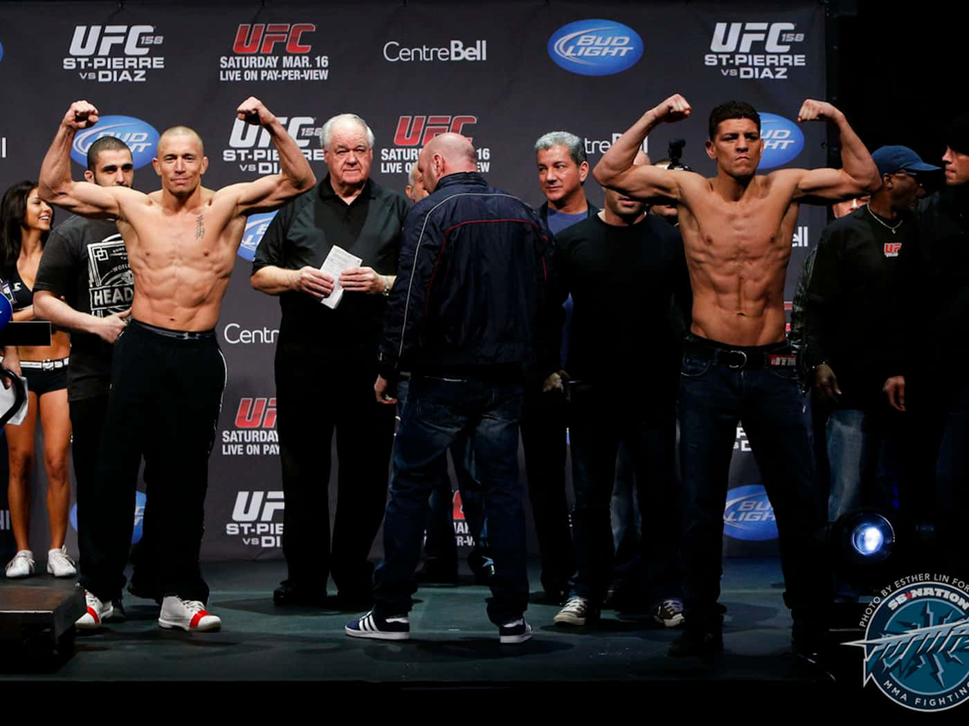 Georges St-Pierre and Nick Diaz face-off during the weigh-in Wallpaper