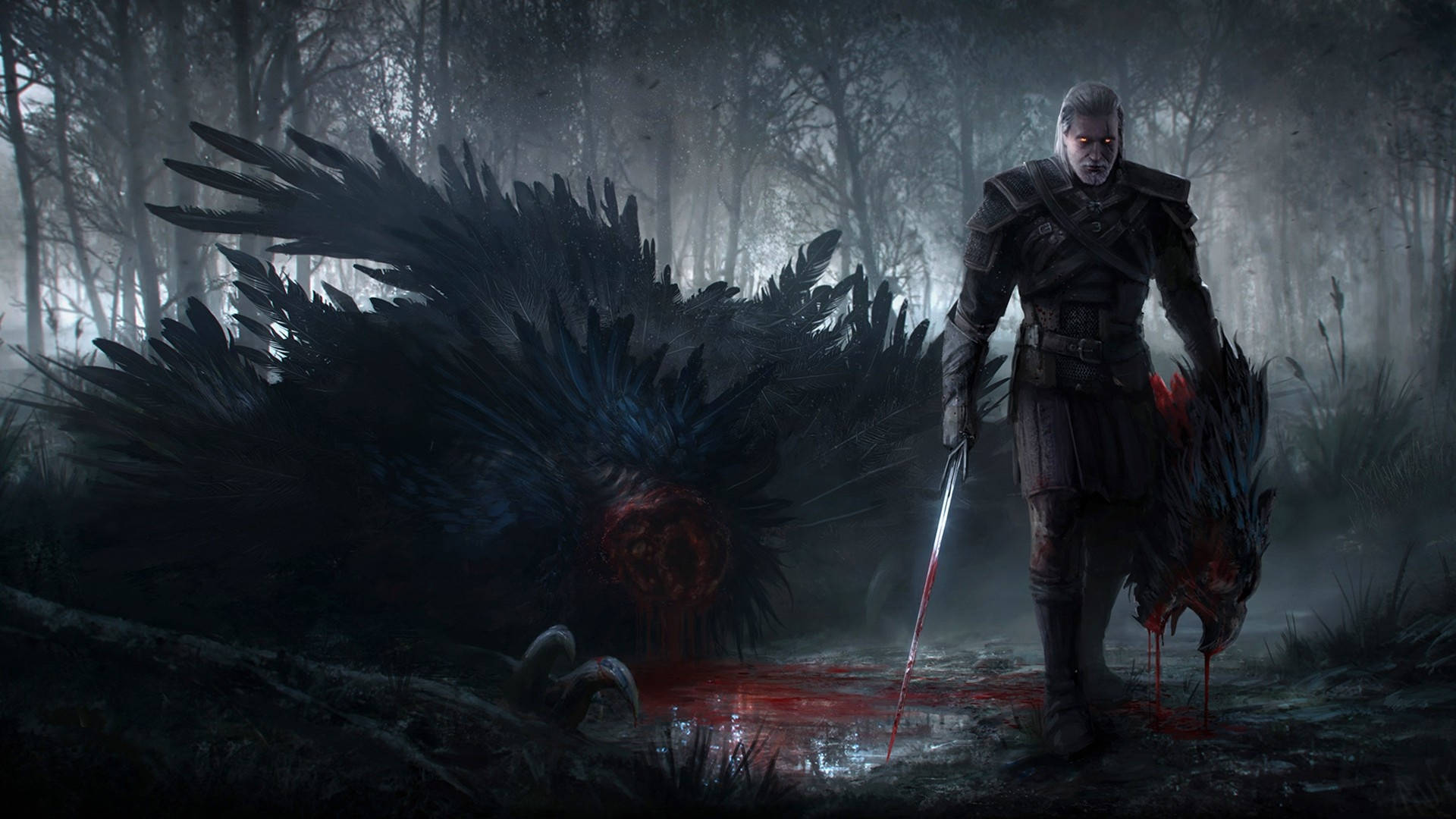 A triumphant Geralt of Rivia beheading a monster in The Witcher 3 Wallpaper