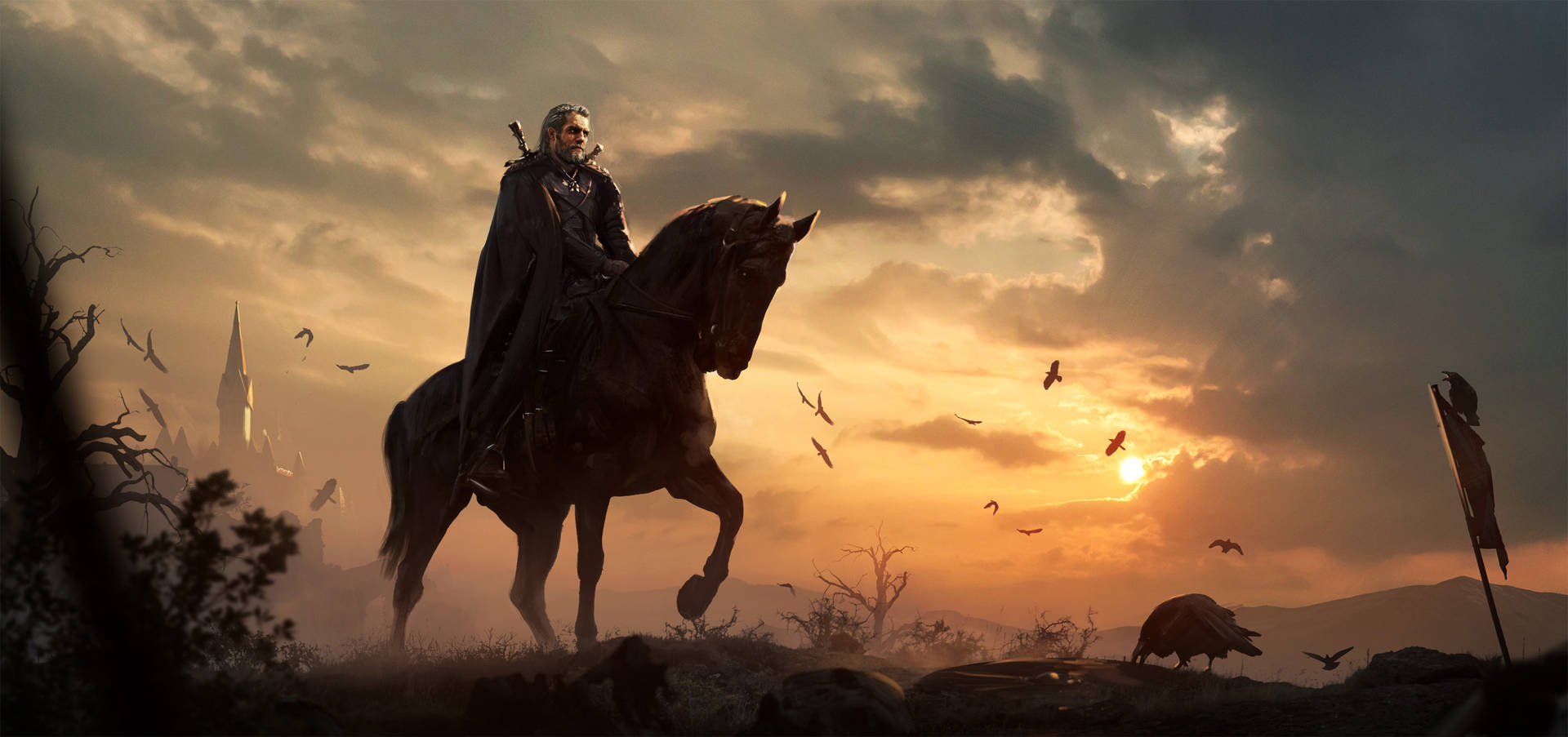 Geralt of Rivia takes a journey on horseback in the vast world of The Witcher 3. Wallpaper