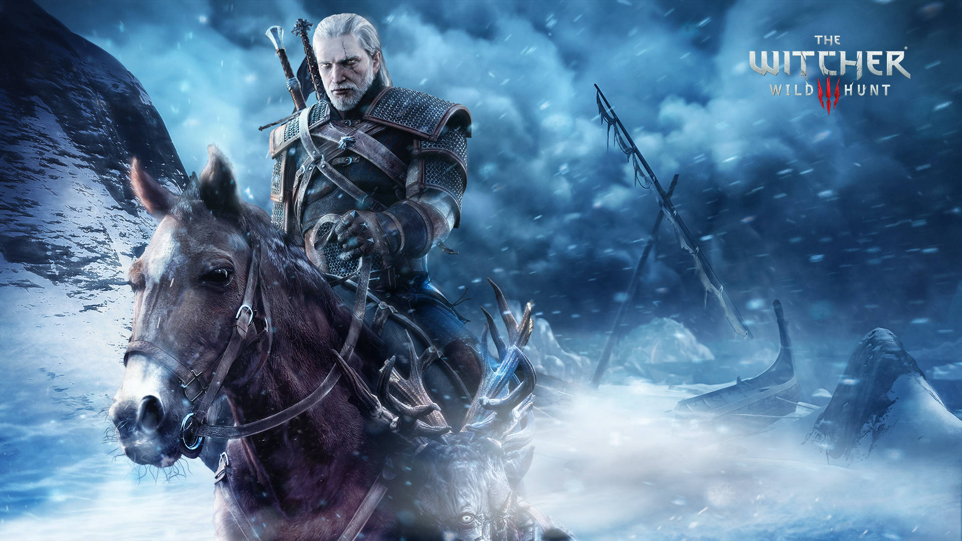 Geralt of Rivia Challenges the Snow on his Noble Steed in The Witcher 3 Wallpaper