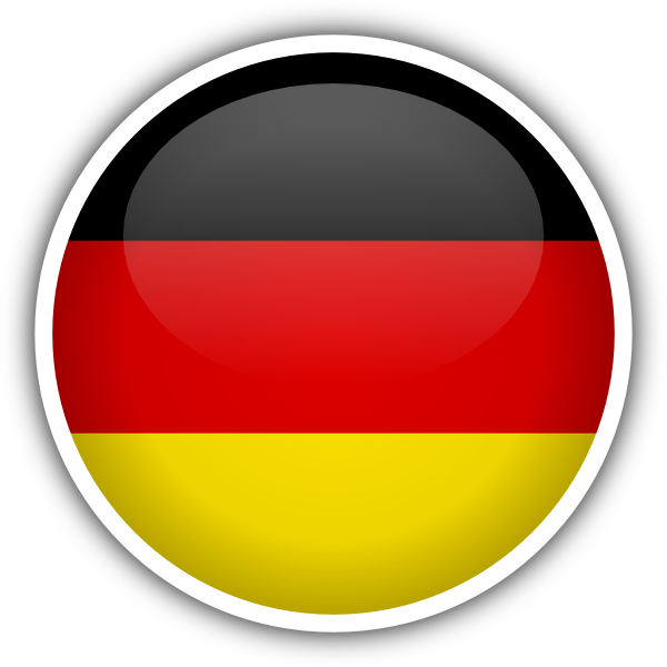 Germany Flag Button Design PNG — A glossy circular button displaying the German flag with black red and gold horizontal stripes.