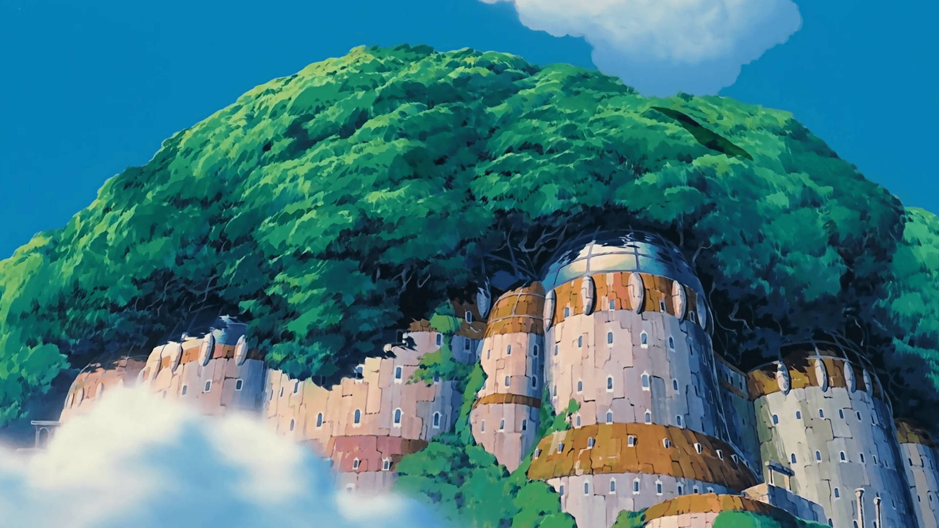 Ghibli Huge Building Wallpaper — A vibrant anime castle nestled beneath a lush green hill with fluffy clouds drifting below.
