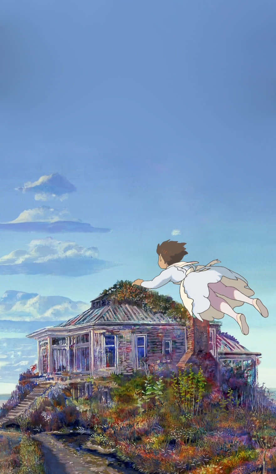 Ghibli Girl Flying Above House Wallpaper