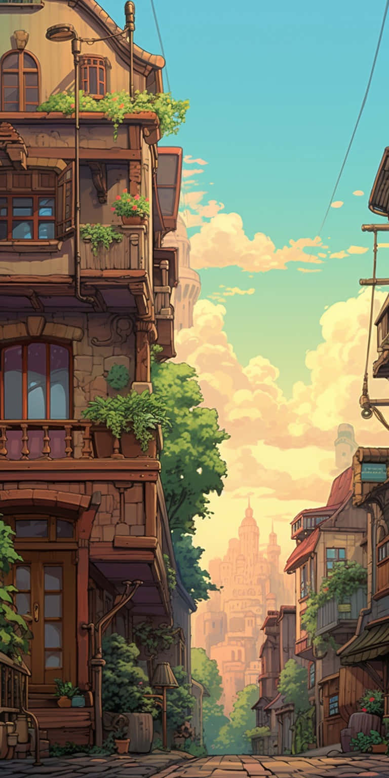 Download Ghibli Inspired Cobblestone Street Wallpaper | Wallpapers.com