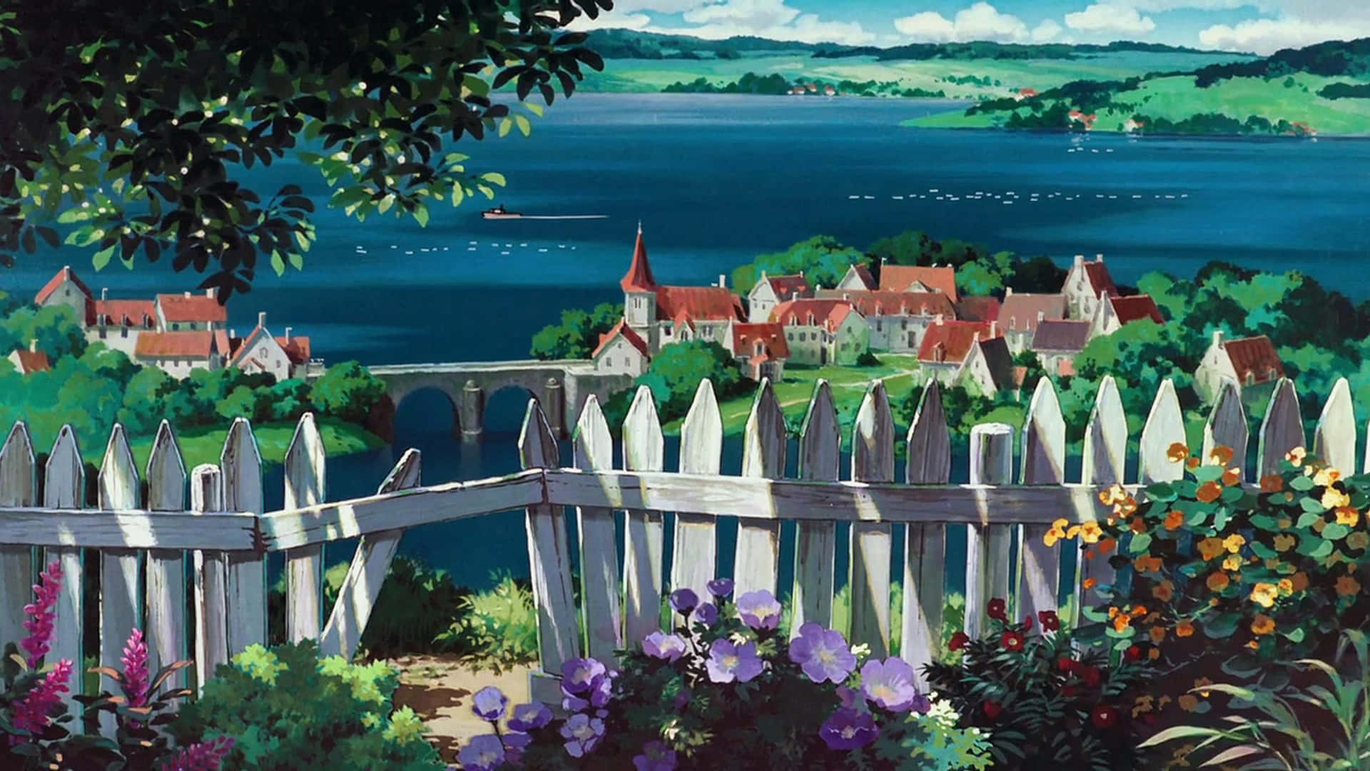 Ghibli Inspired Lakeside Village Wallpaper