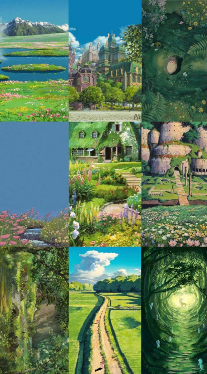Ghibli Inspired Scenery Collage Wallpaper