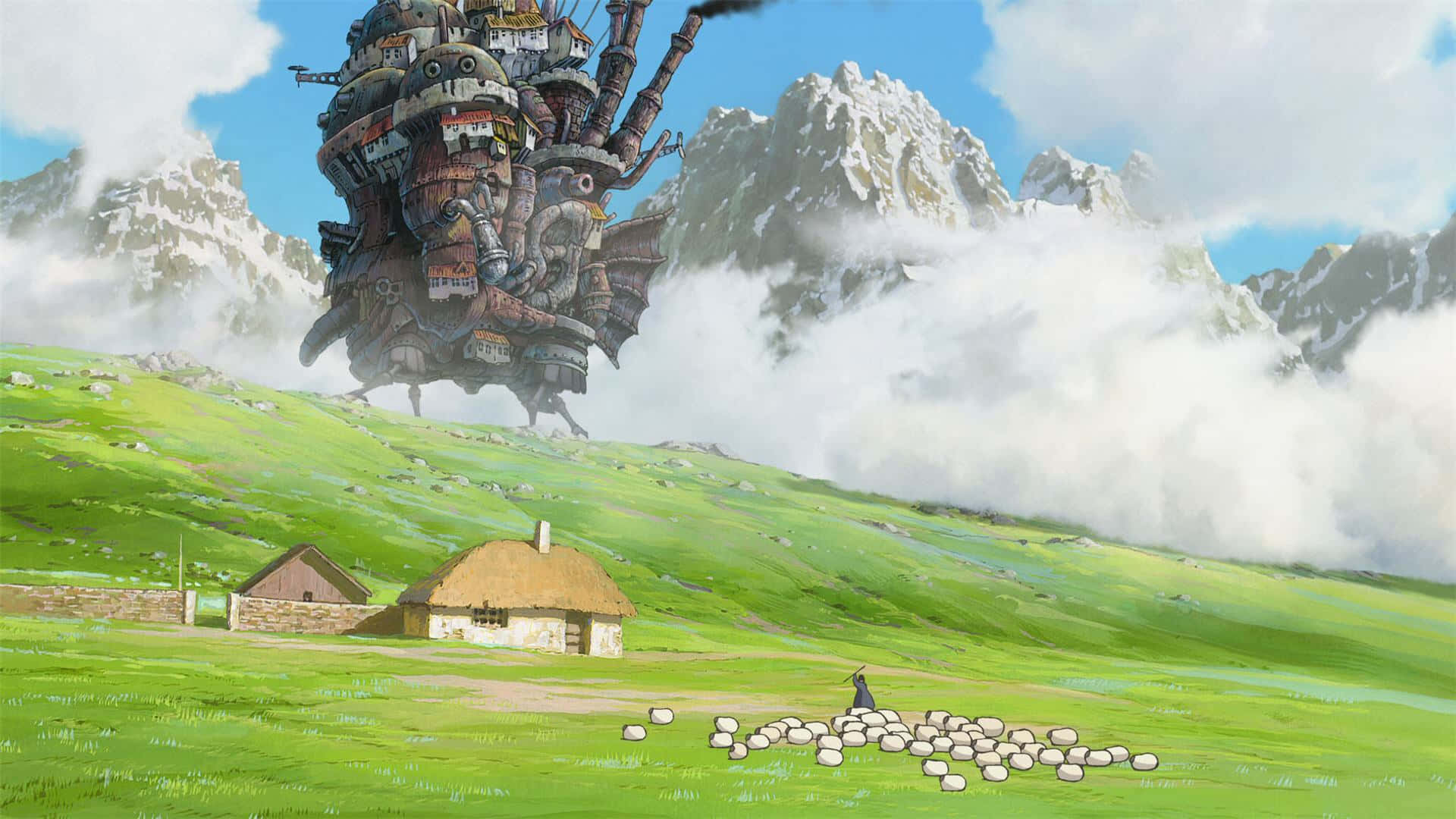 Ghibli Moving Castle Over Pastoral Landscape Wallpaper