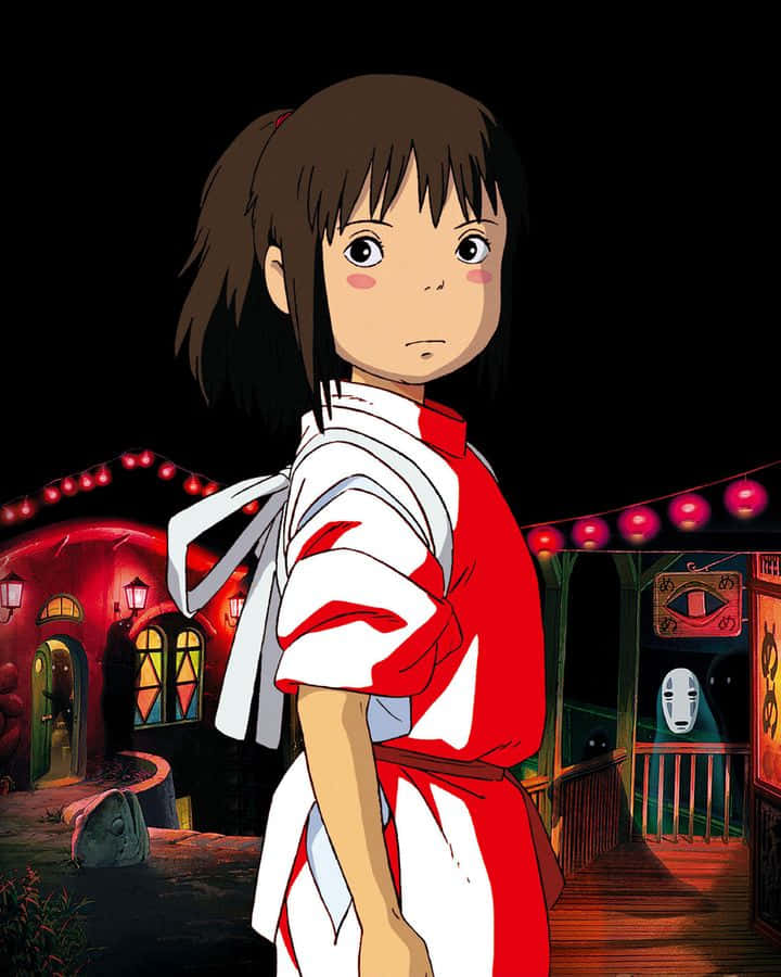 a girl in a white and red costume standing in front of a house