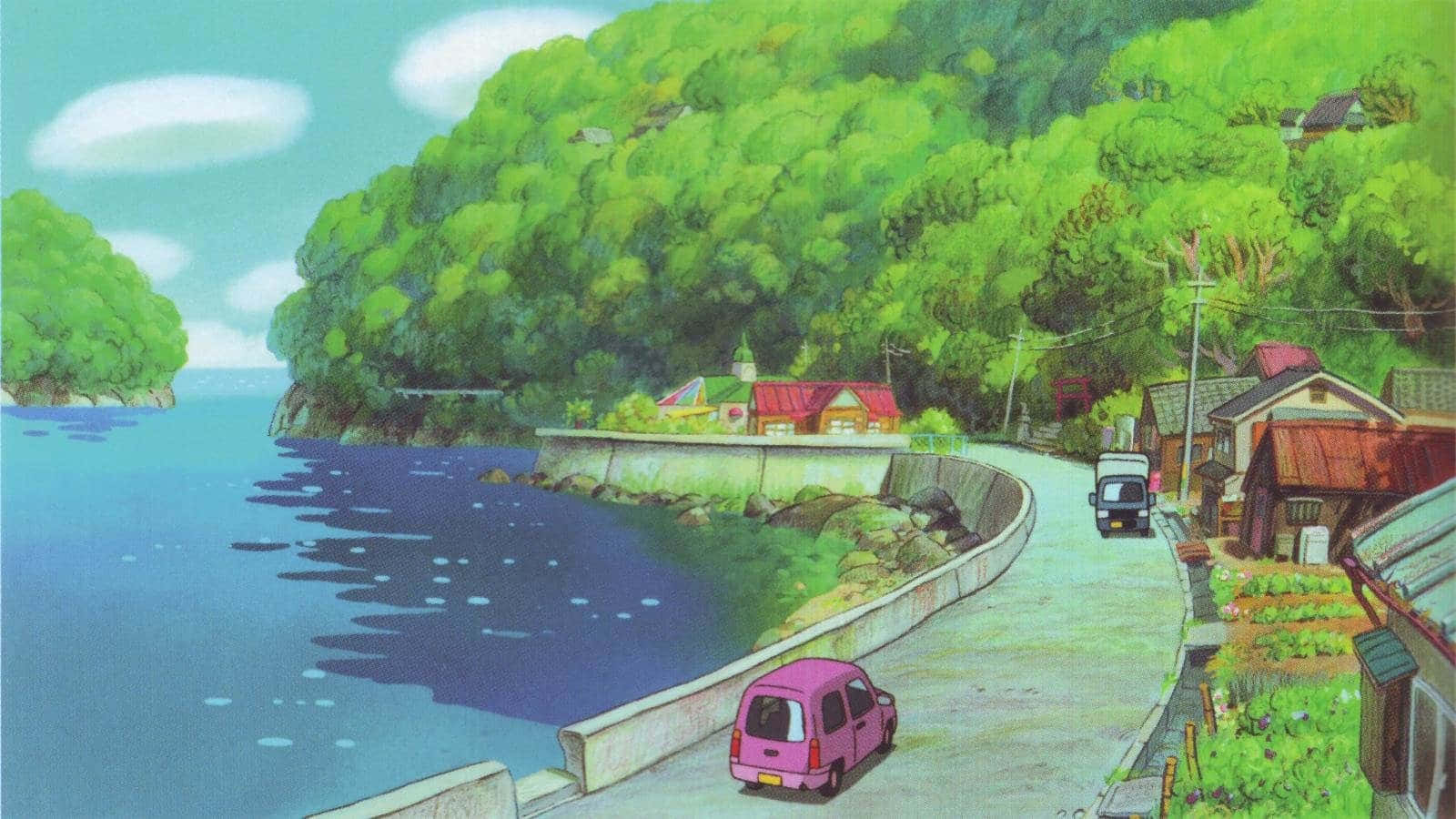Ghibli Seaside Village Art Wallpaper
