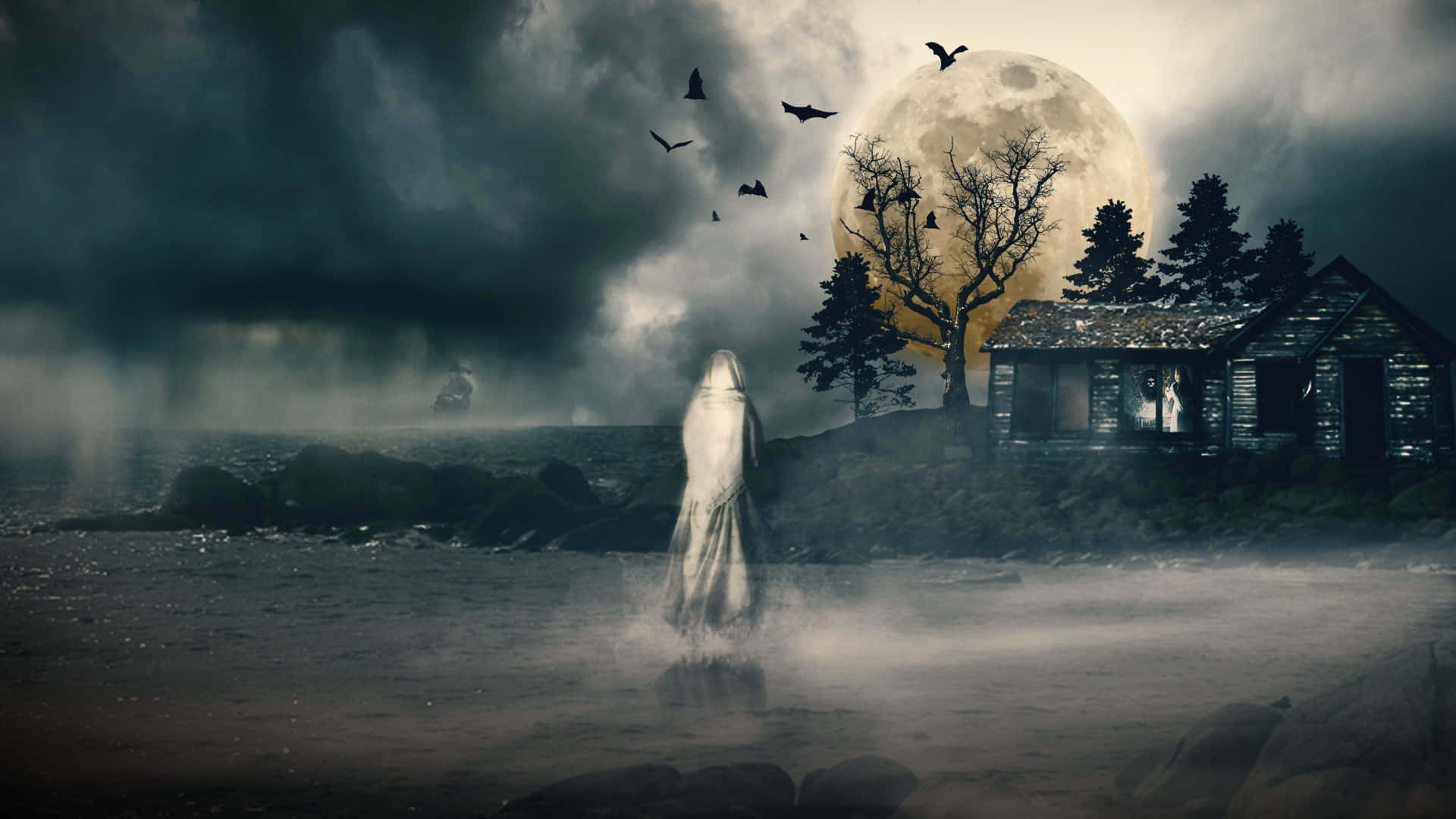 An eerie digital halloween background featuring a silhouette of a ghost within a cloud of smoke.