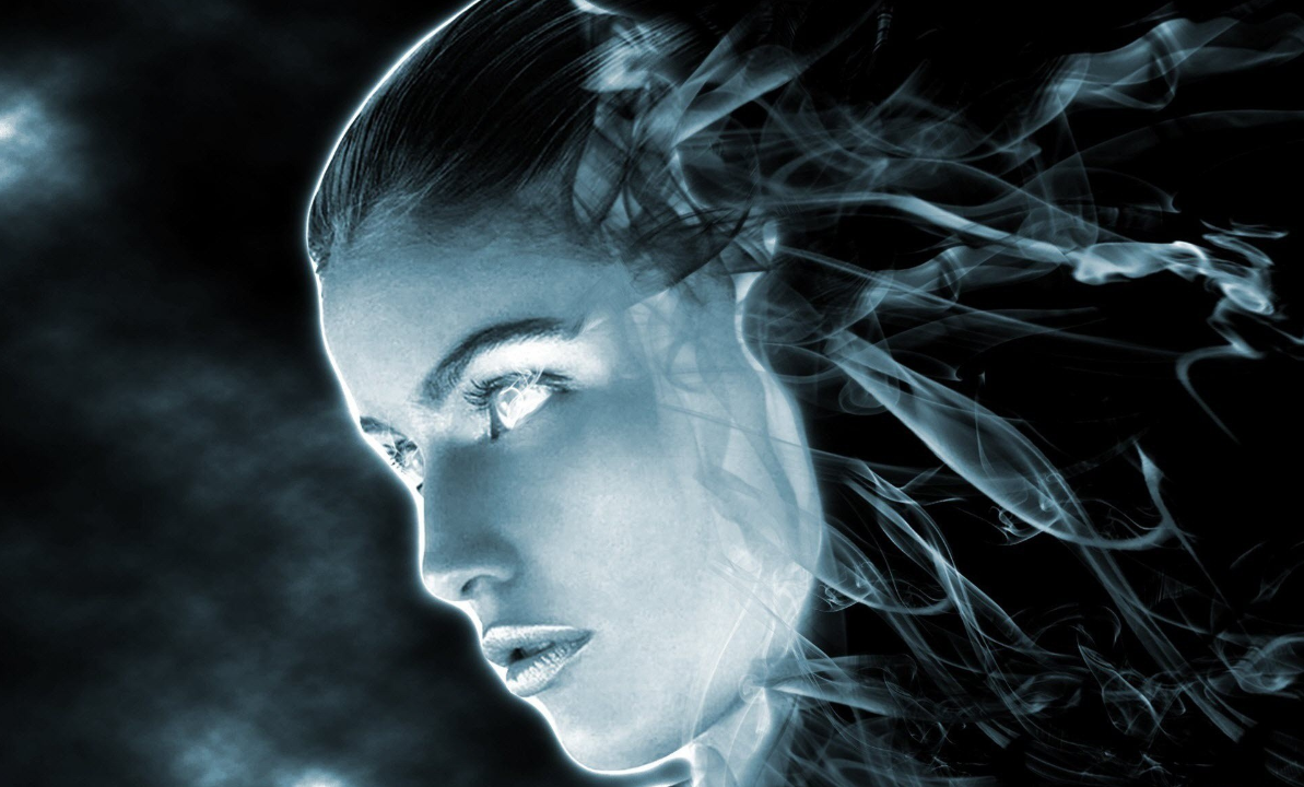 The members of the heavy metal band Ghost in the recording studio. Background — A woman's face glows with ethereal blue light as wispy smoke flows from her hair against a dark background.