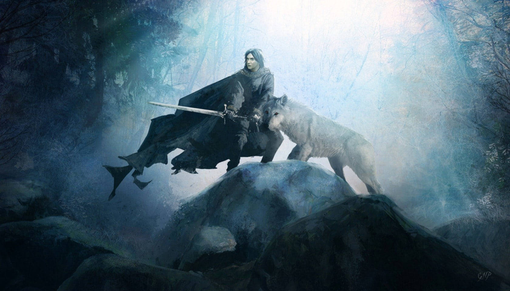 Ghost Dire Wolf og Jon Snow Game Of Thrones Tapet Wallpaper
