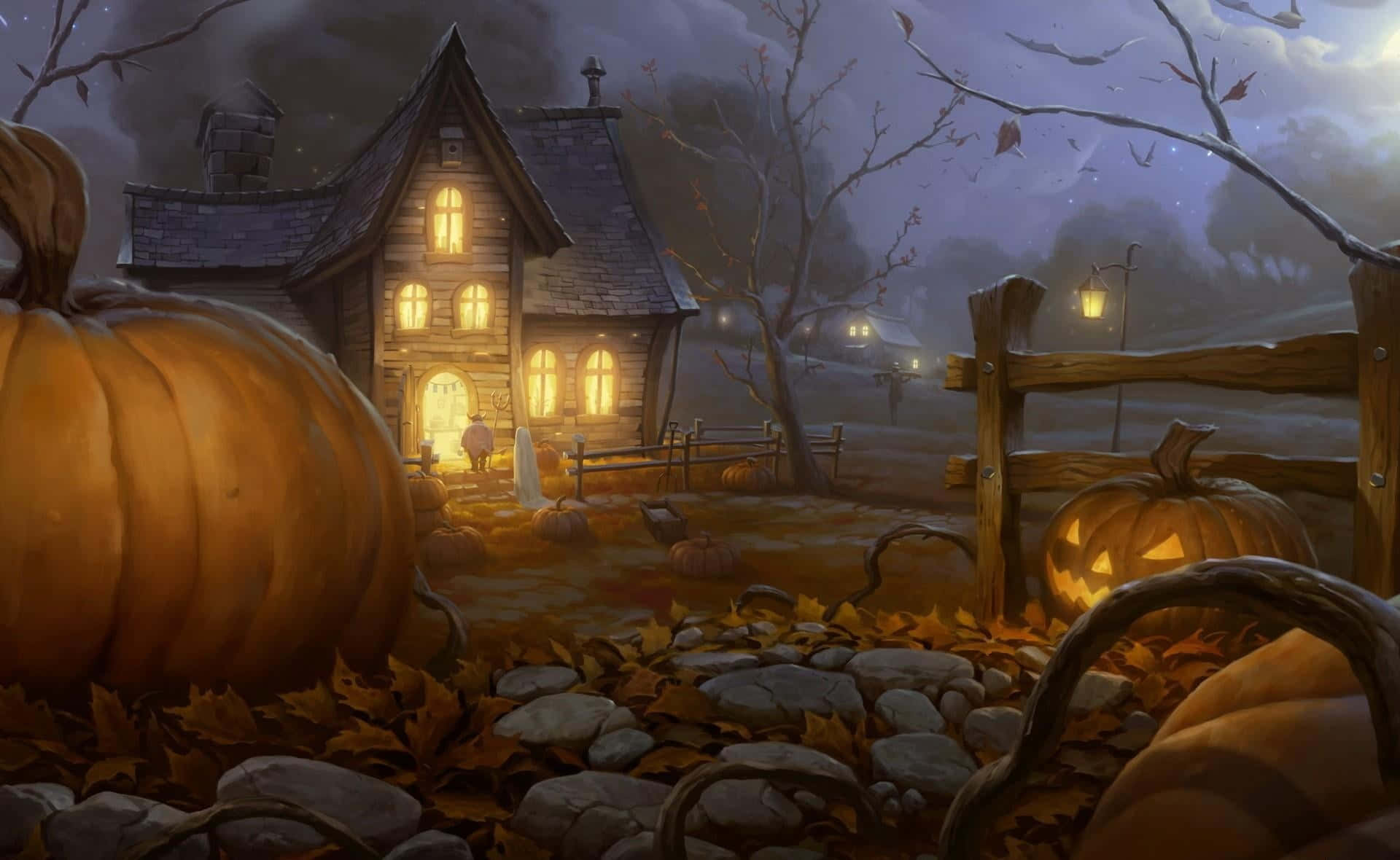 Imagenespeluznante De Una Casa Embrujada Con Calabazas Y Fantasmas De Halloween.