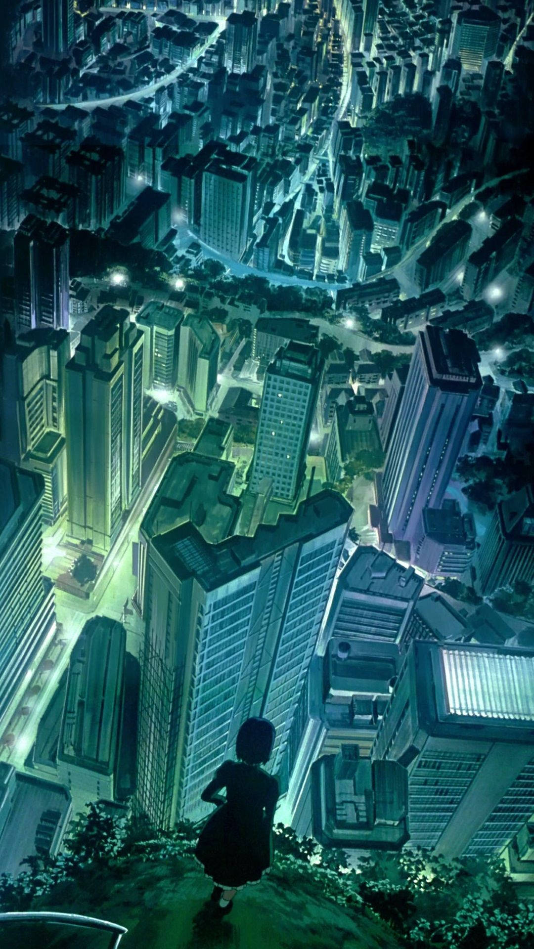 Ghost In The Shell Anime Art Wallpaper — A lone figure stands atop a hill overlooking a sprawling neon-lit cityscape at night with glowing skyscrapers and winding streets below.