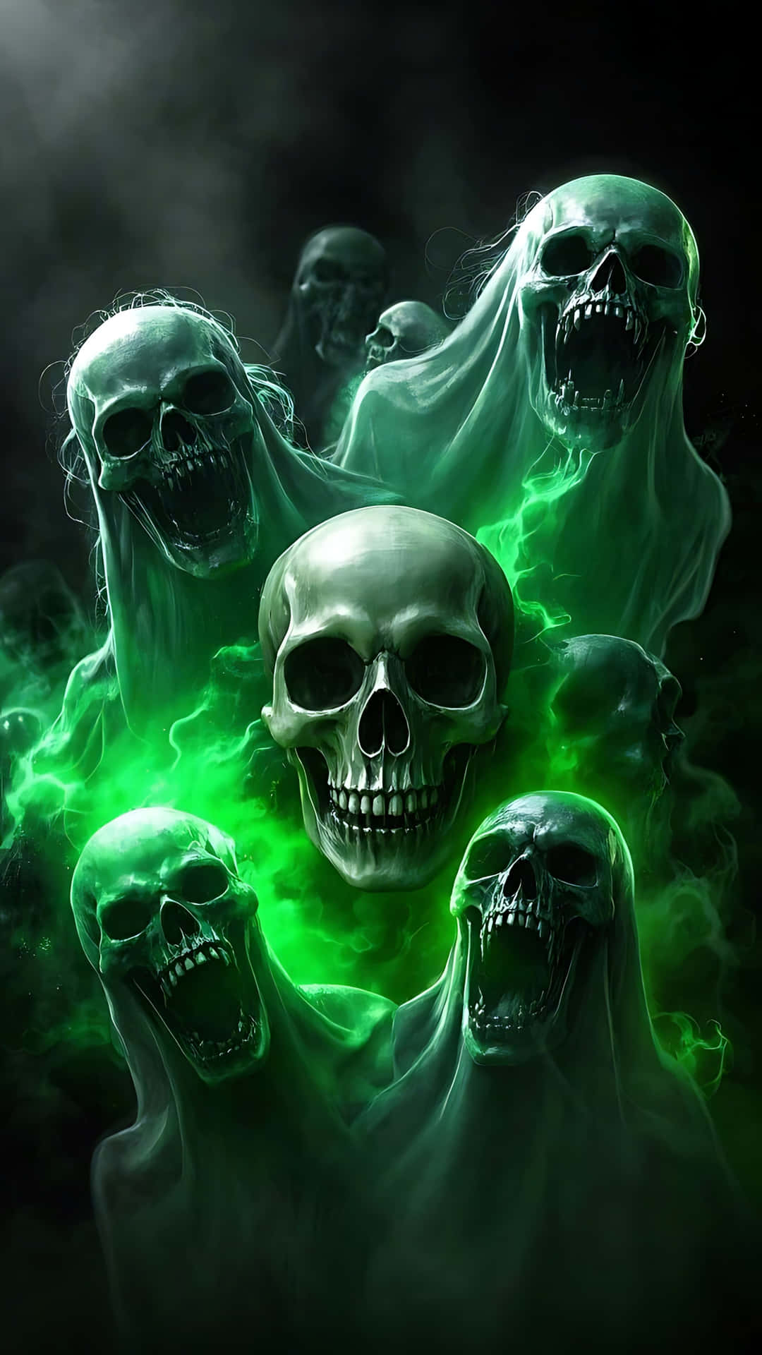 Ghost-infested Skull With Screaming Shadows. Ghost Wallpaper Wallpaper