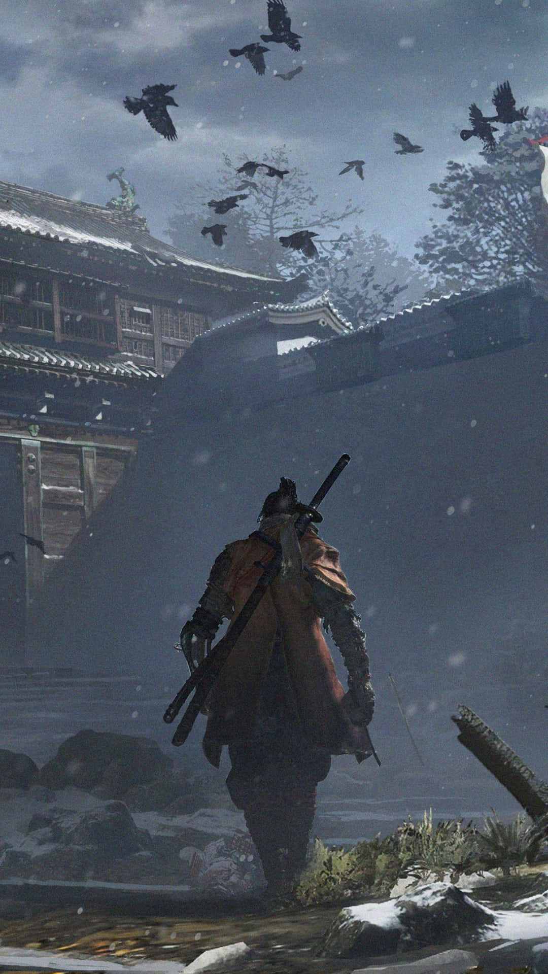 En ninja i et stormfuldt landskab - et billede der tager efter Ghost of Tsushimas rejse. Wallpaper