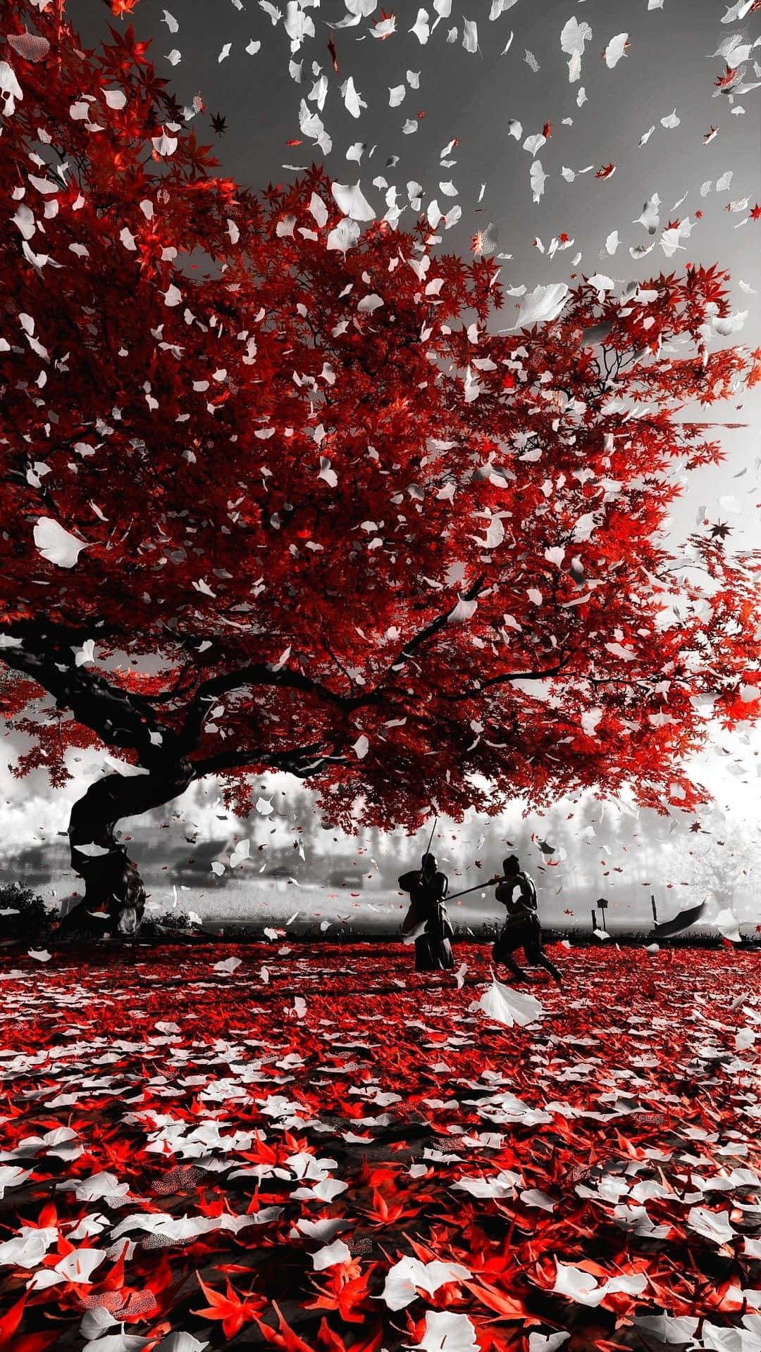 A Red Tree With Leaves Falling Down Wallpaper