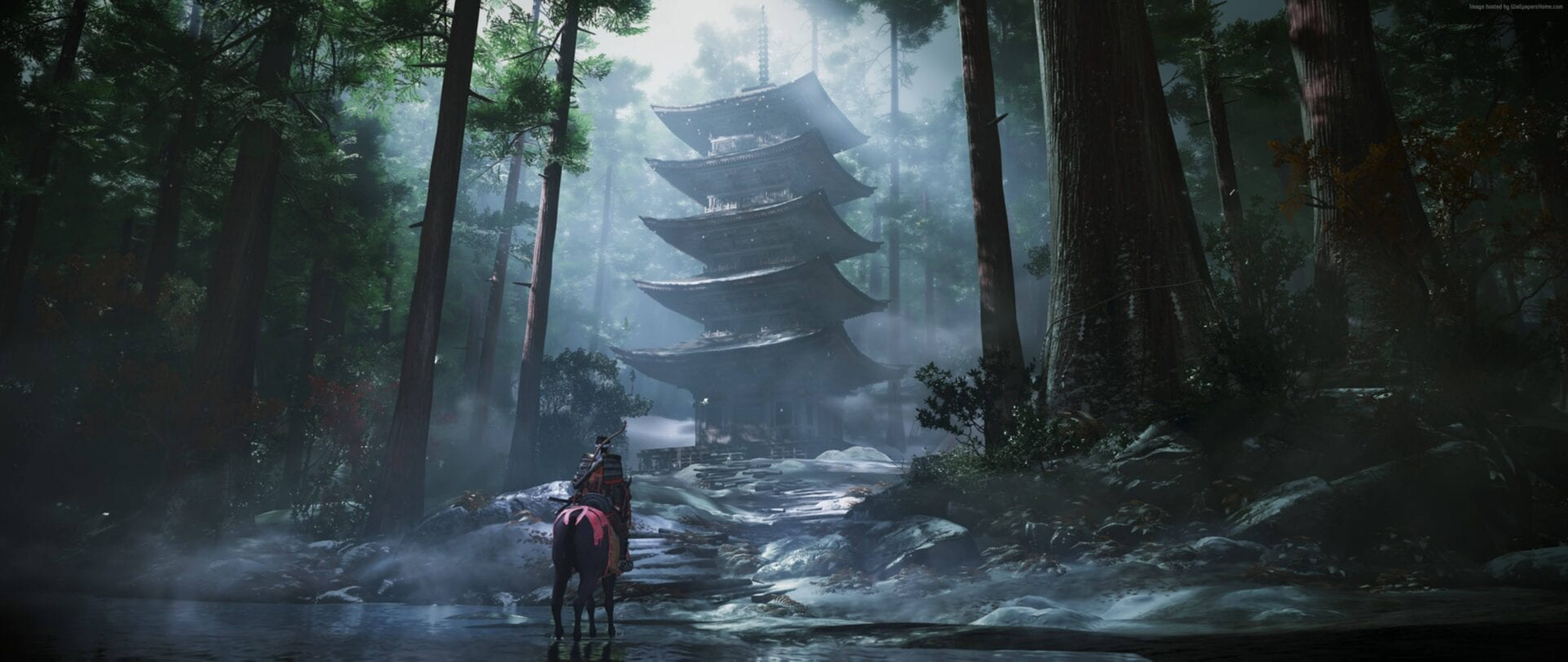 Ghost Of Tsushima Jin nærmer sig et tempel 4K Wallpaper Wallpaper