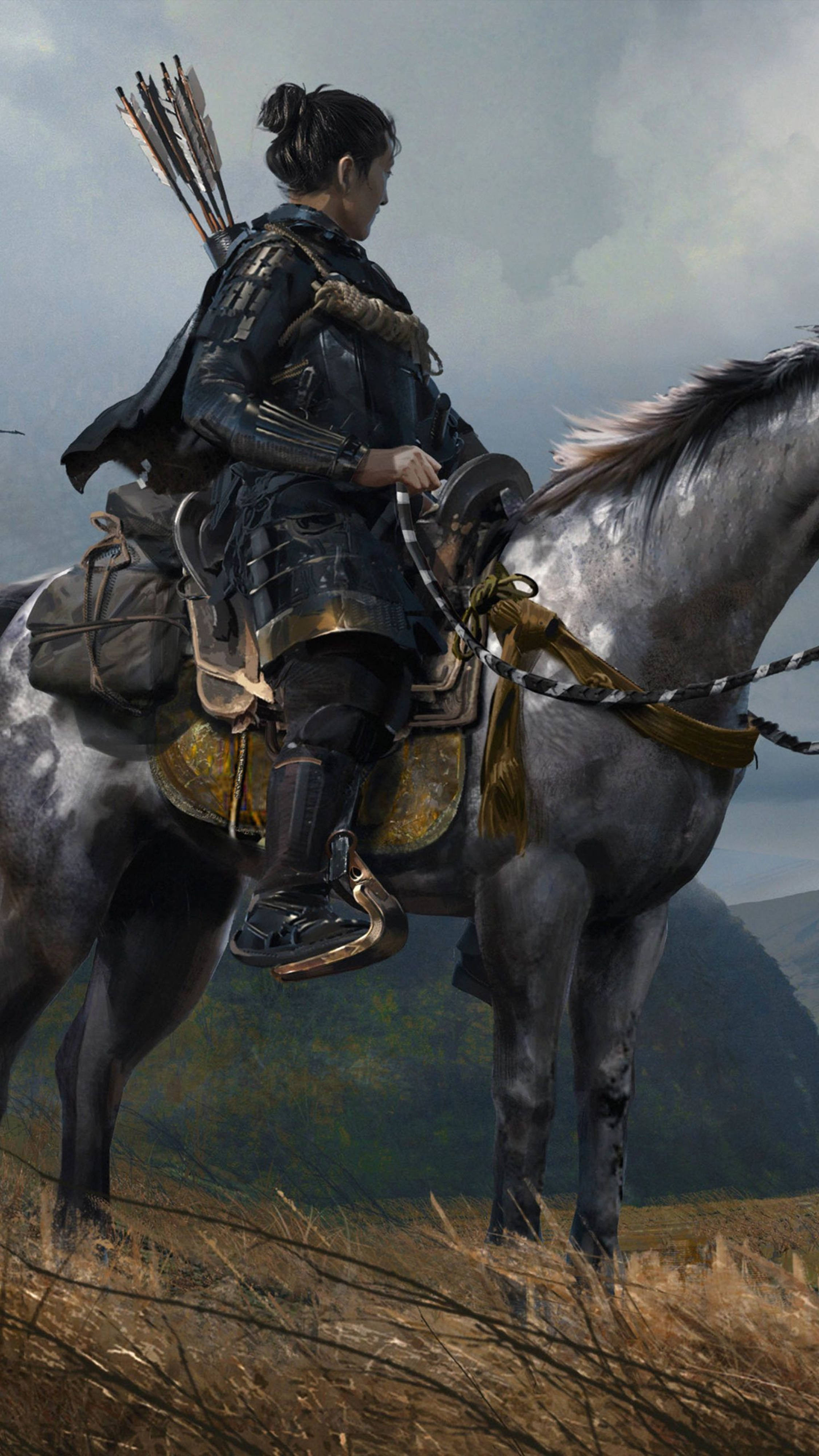 Ghost Of Tsushima Man Riding A Grey Horse 4k Background