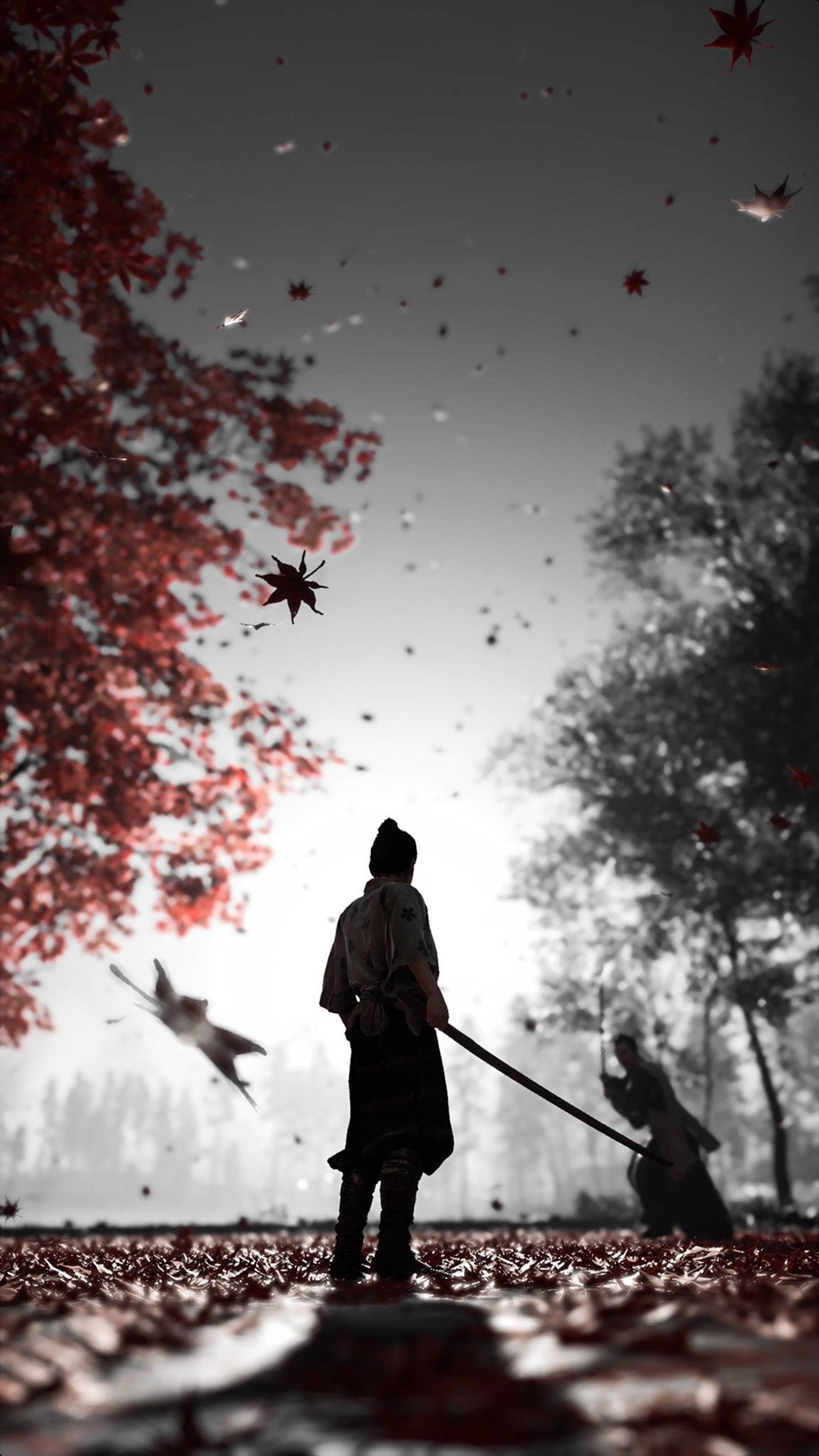 Ghost Of Tsushima Silhouetted Man With Sword 4k Background