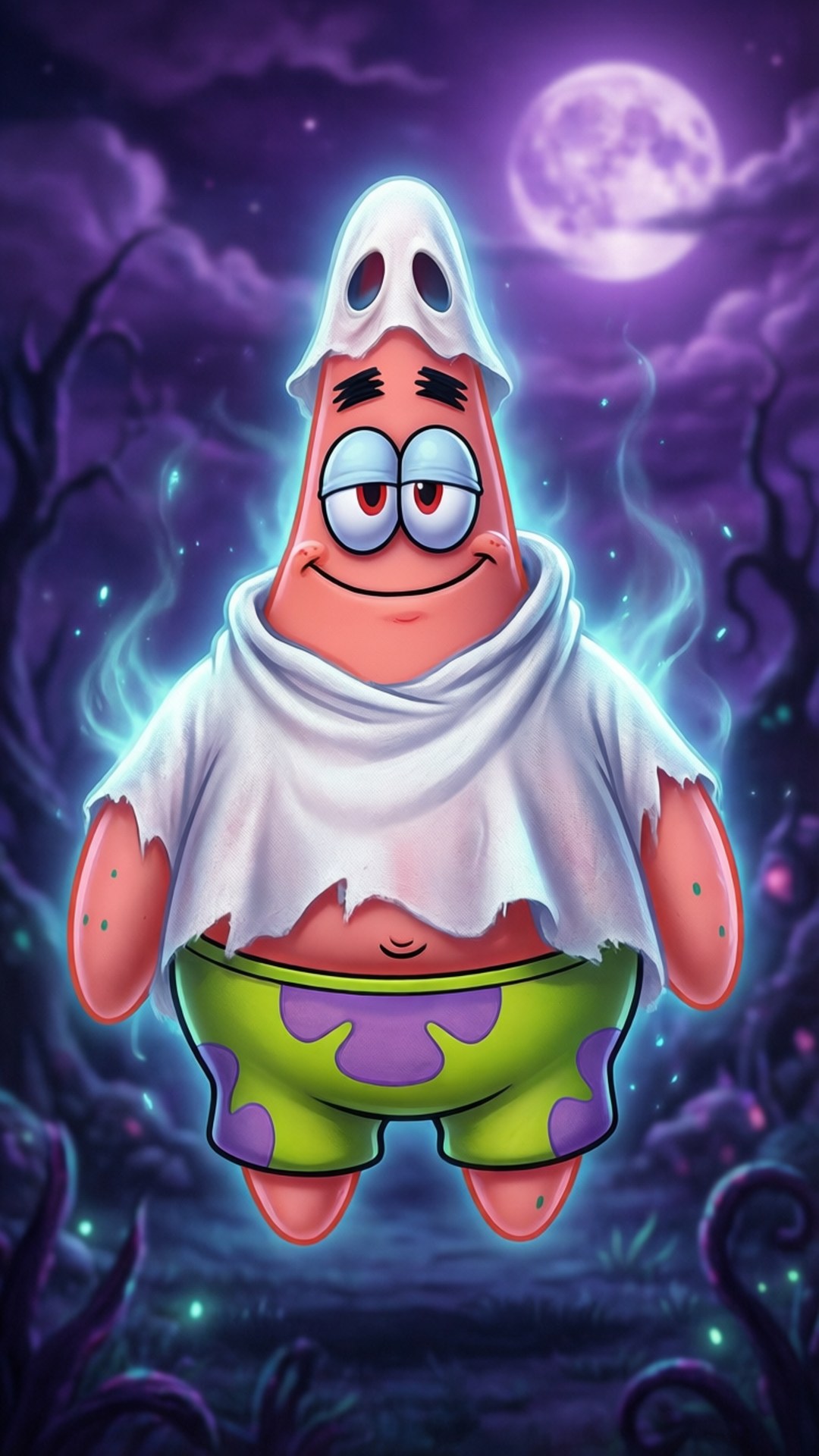 Kummitus-Patrick Tähti Taustakuvat — Patrick Star leijuu onnellisena aaveasussa hehkuvan kuun alla pelottavassa violetissa metsässä.