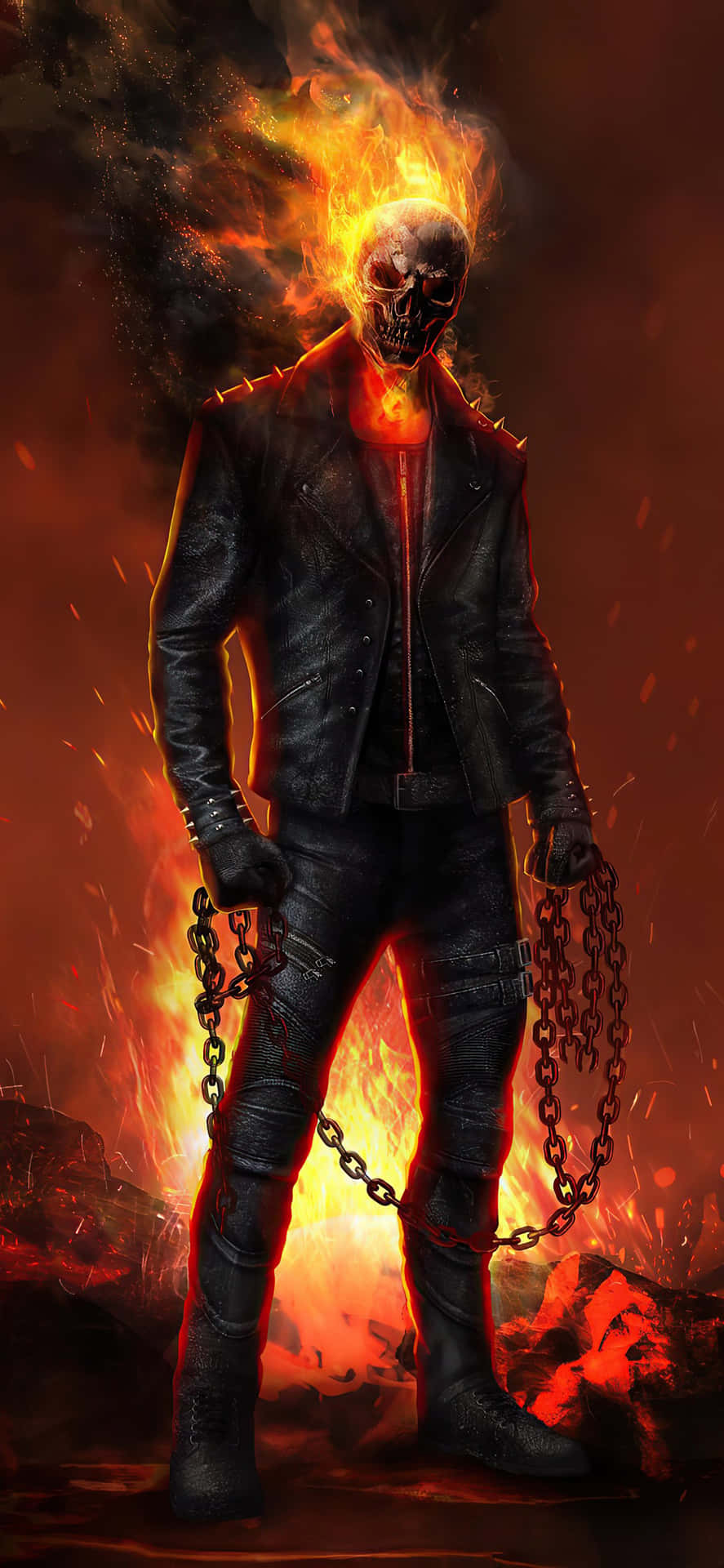 Unleash the power of the Ghost Rider in this intense, fiery image"