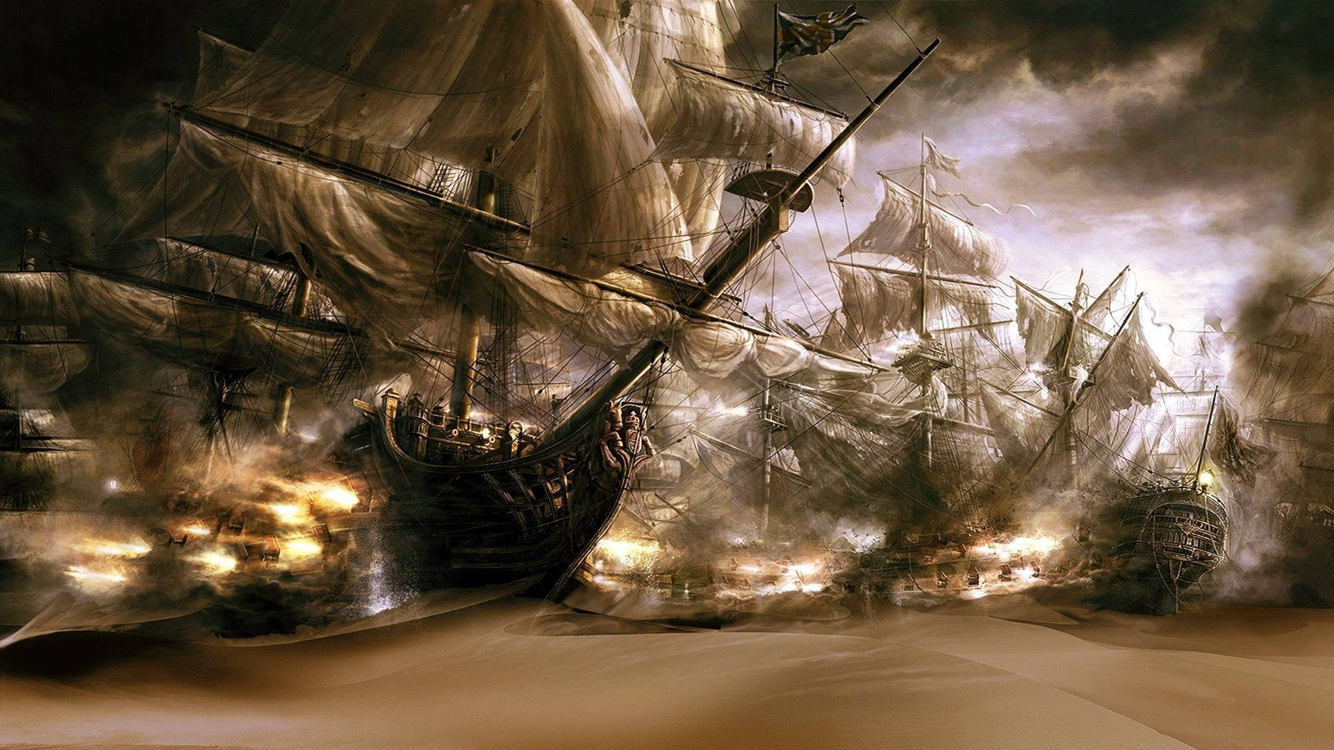 Ghost Ship Sepia Painting Wallpaper
