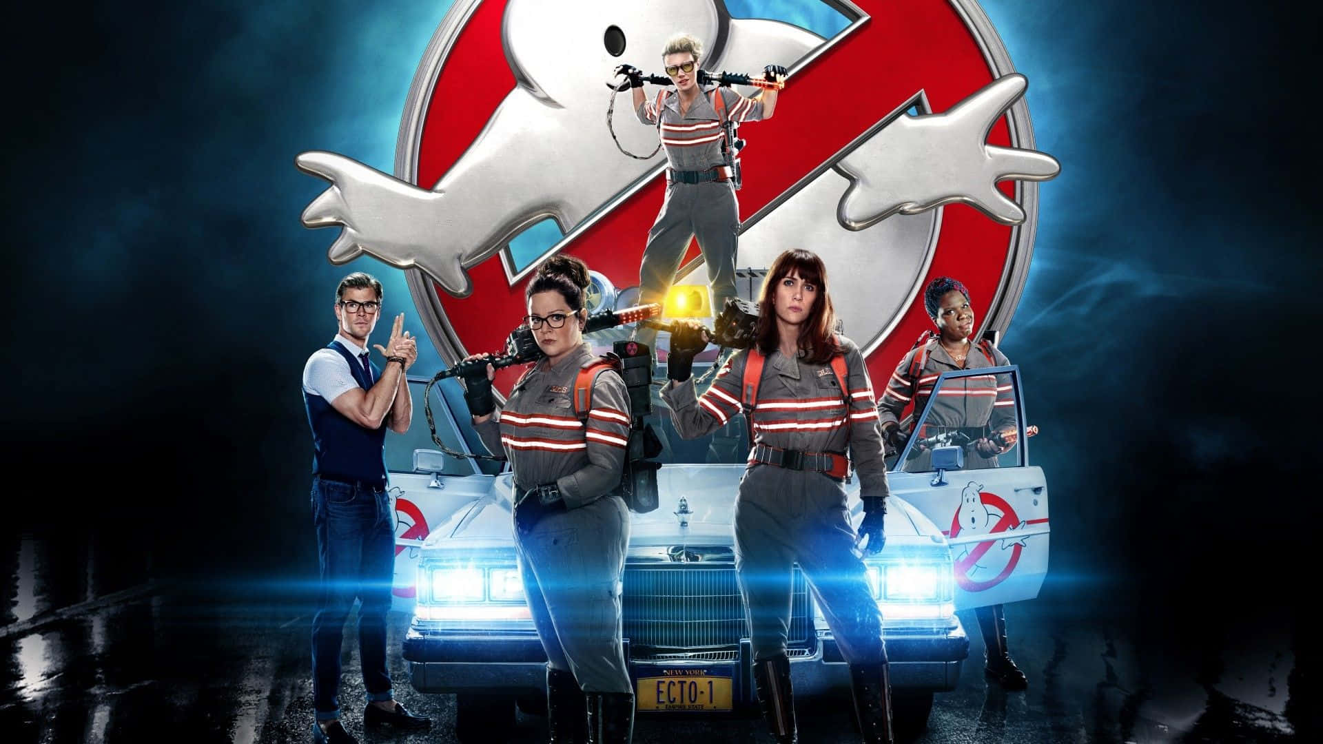 The classic Ghostbusters team ready to fight the paranormal