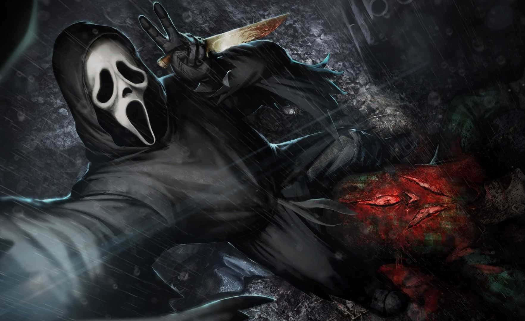 Eerie Ghostface Mask Amidst Dark Aesthetic Shadows Wallpaper