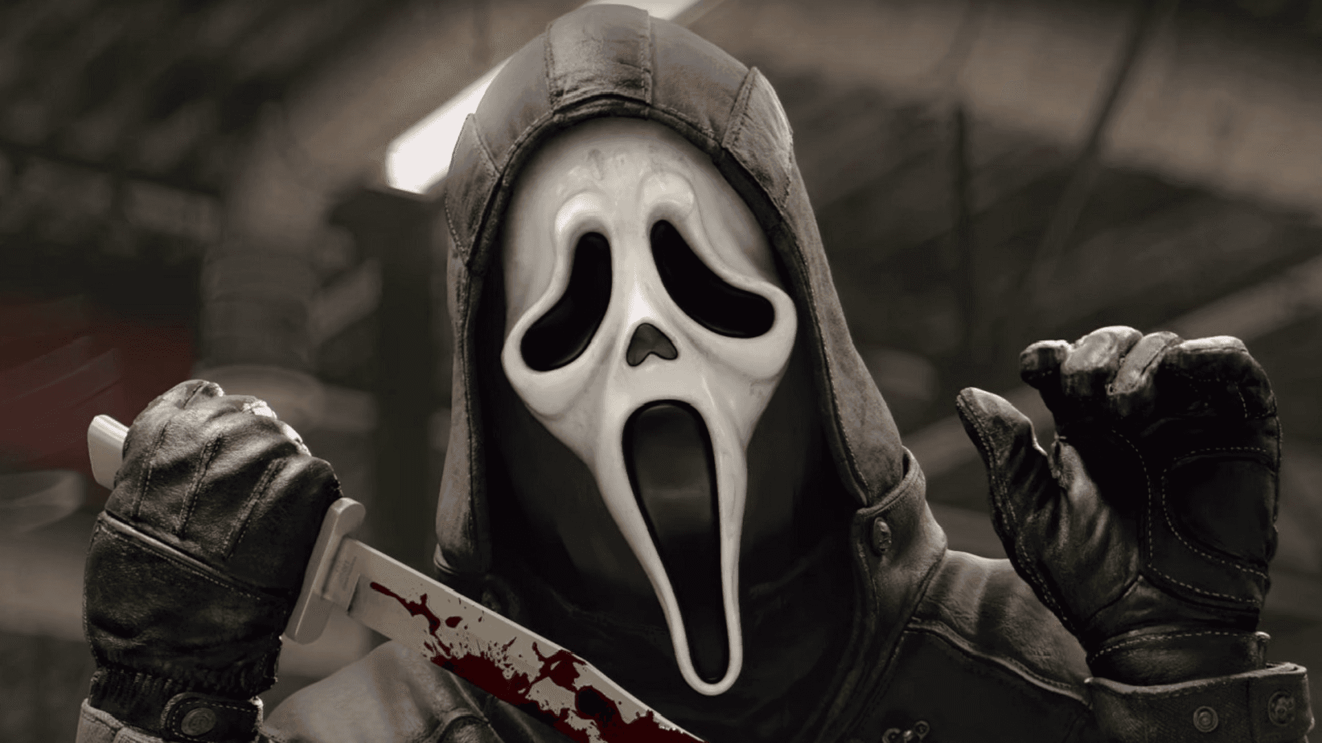 Ghostface background — A hooded figure in a white ghost mask holds a bloodied knife in a dimly lit industrial setting.