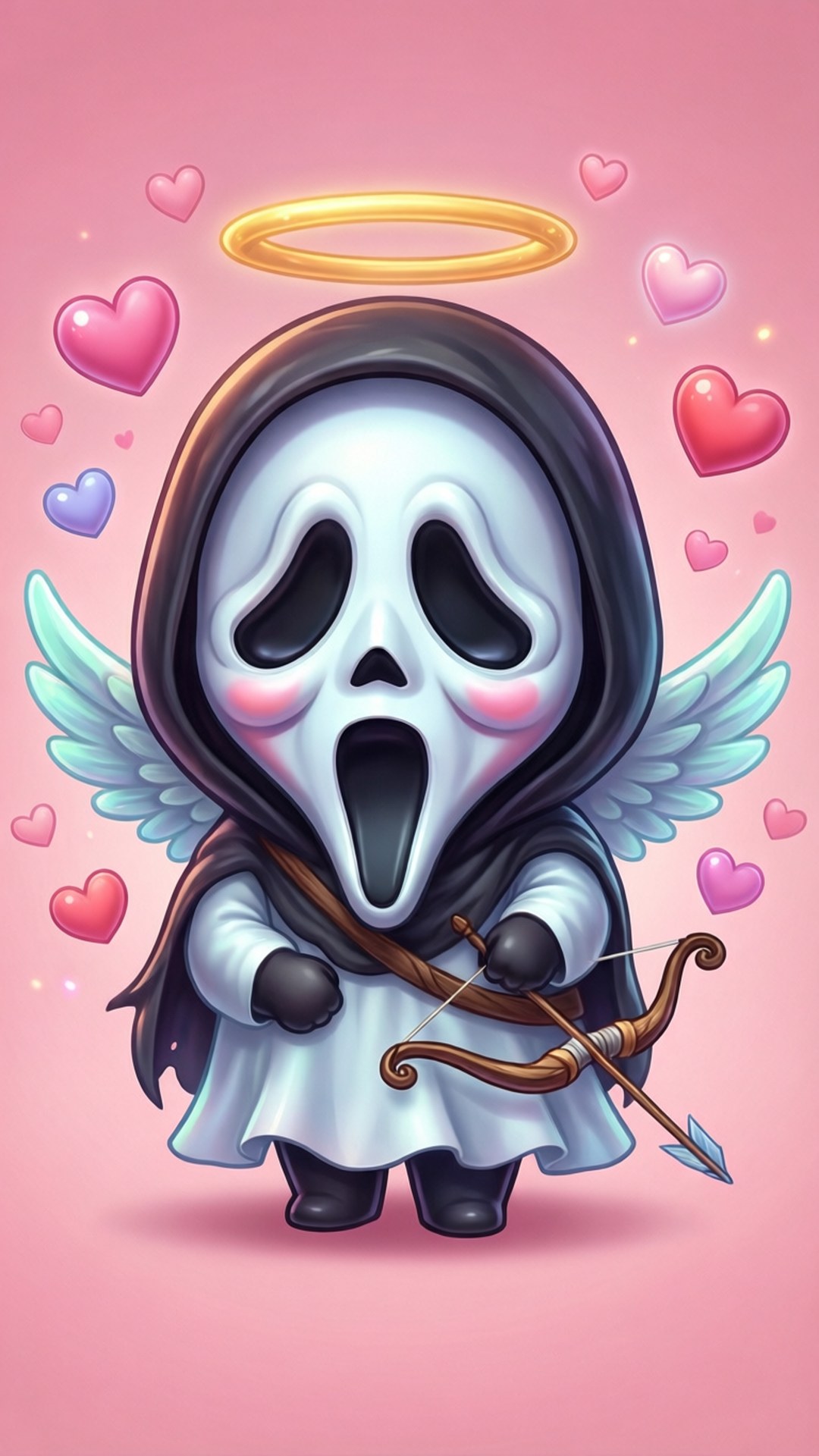 Ghostface som en søt cupid med bue og hjerter.