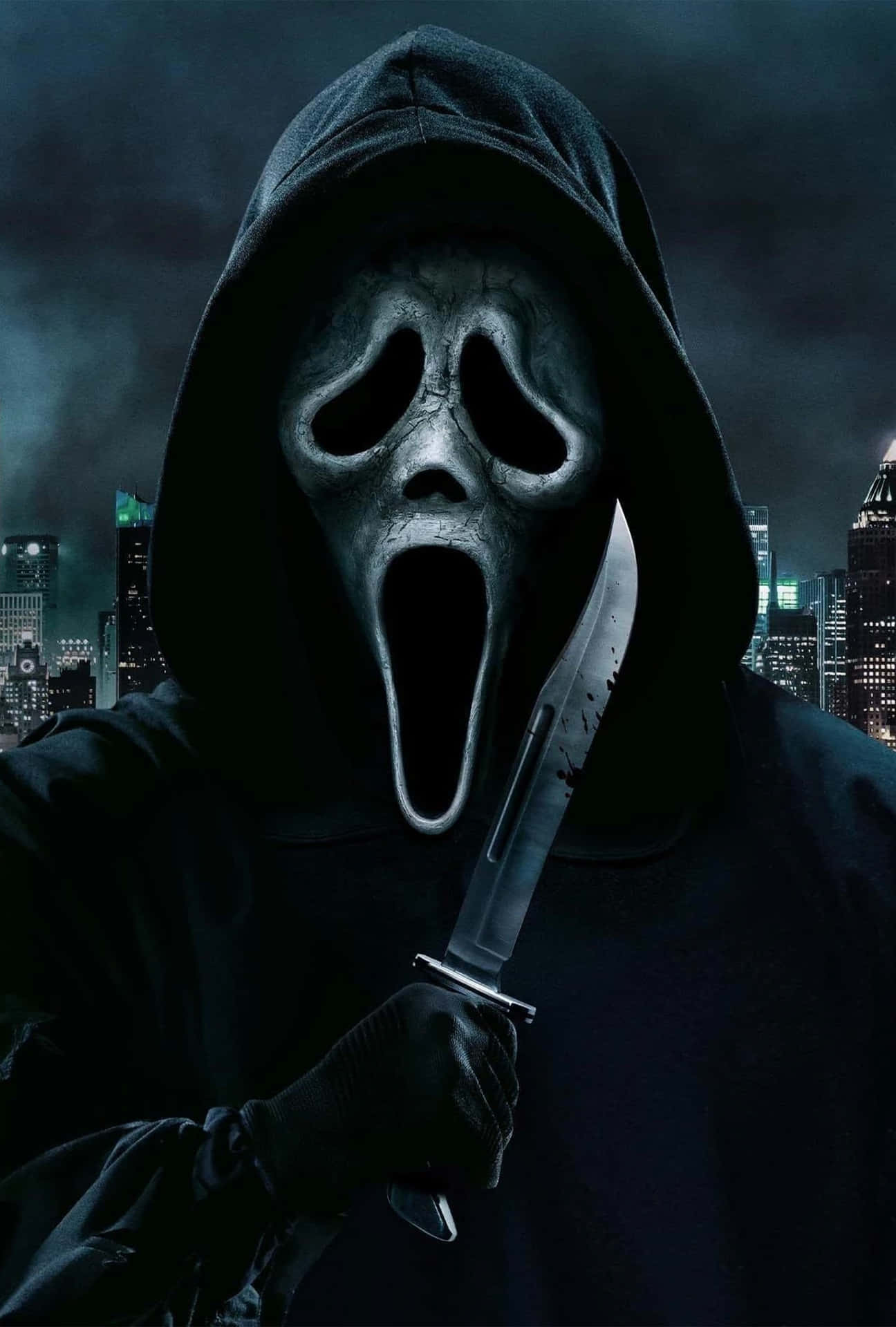 Download Ghostface Holding Knife Night City Backdrop Wallpaper ...