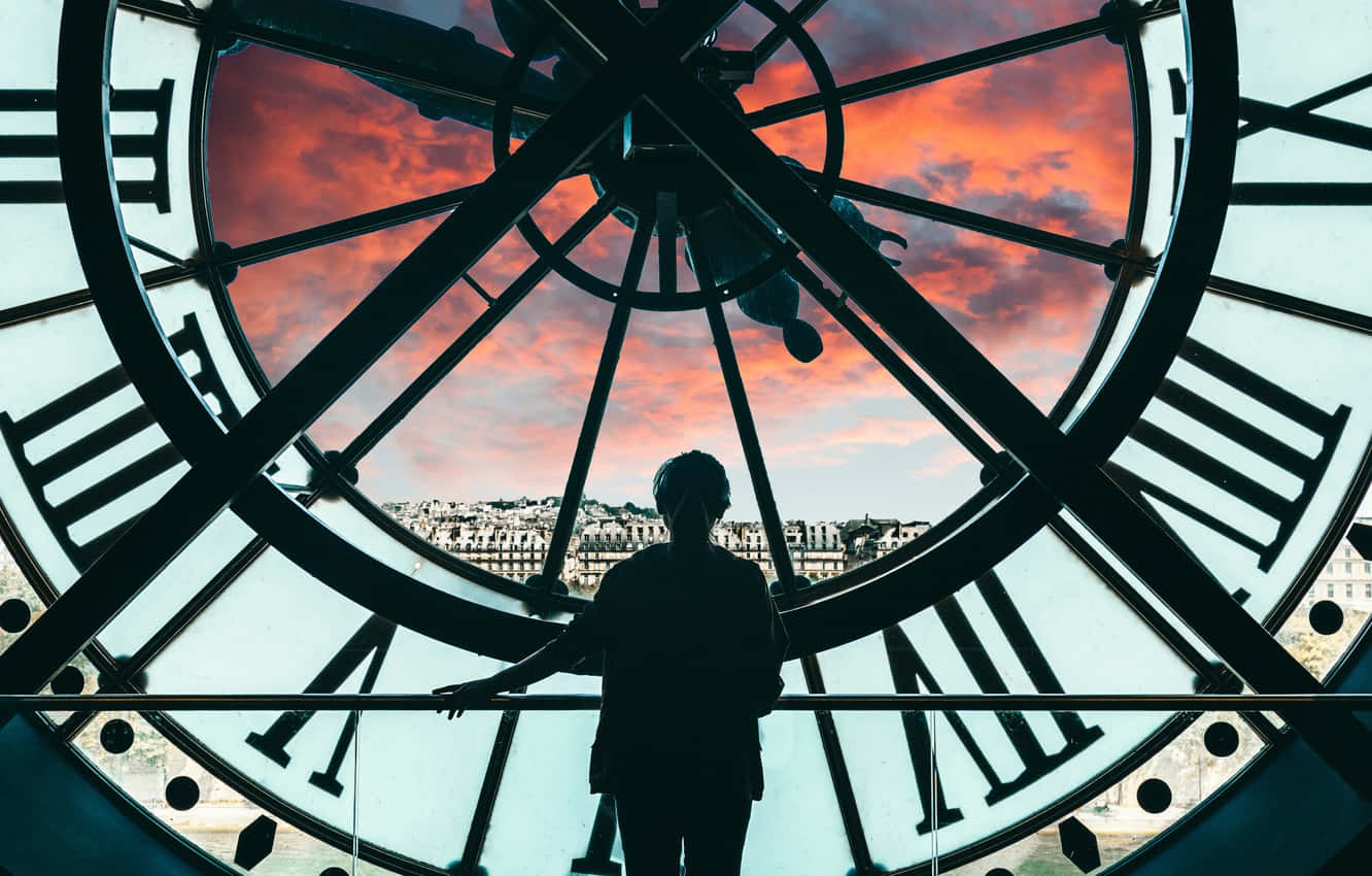Giant Clock With Sunset View At Musée Dorsay Wallpaper