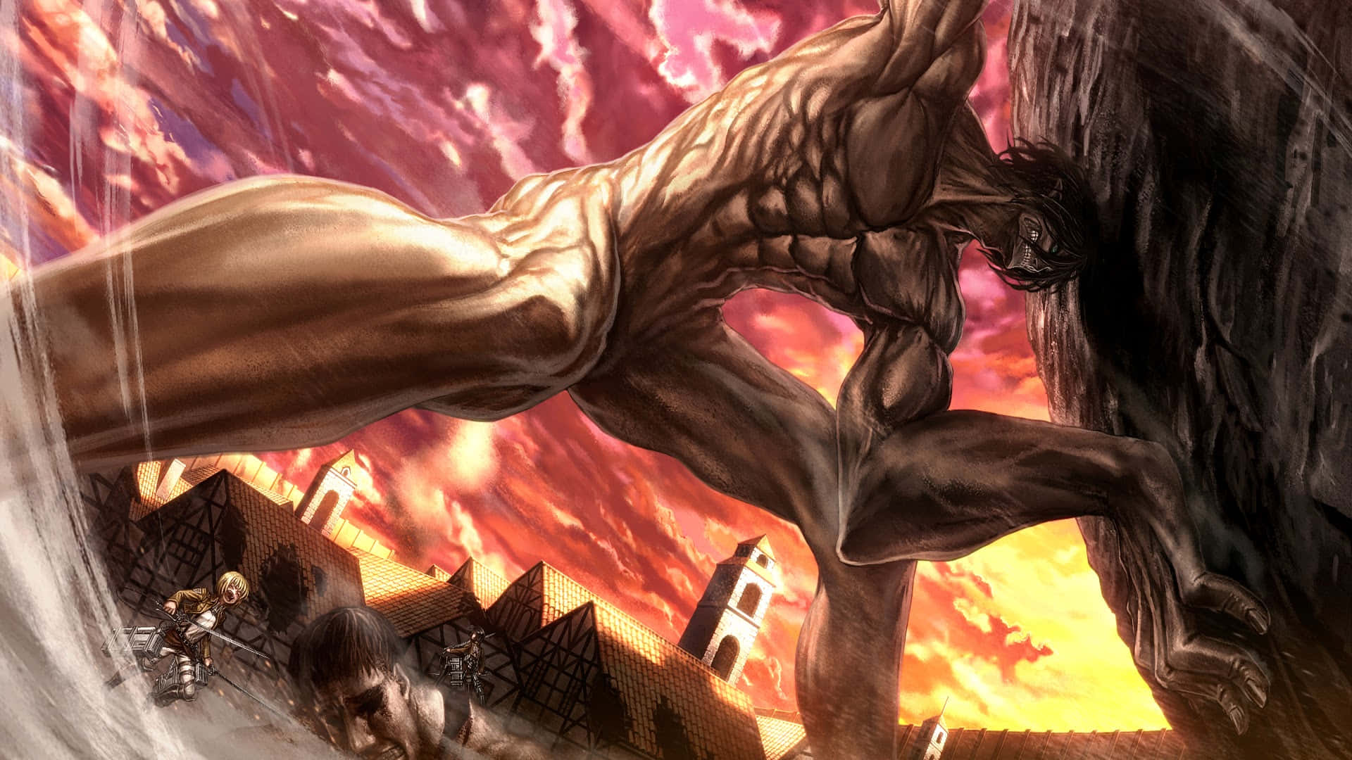 An intimidating giant creature stands tall among the cityscape. Wallpaper