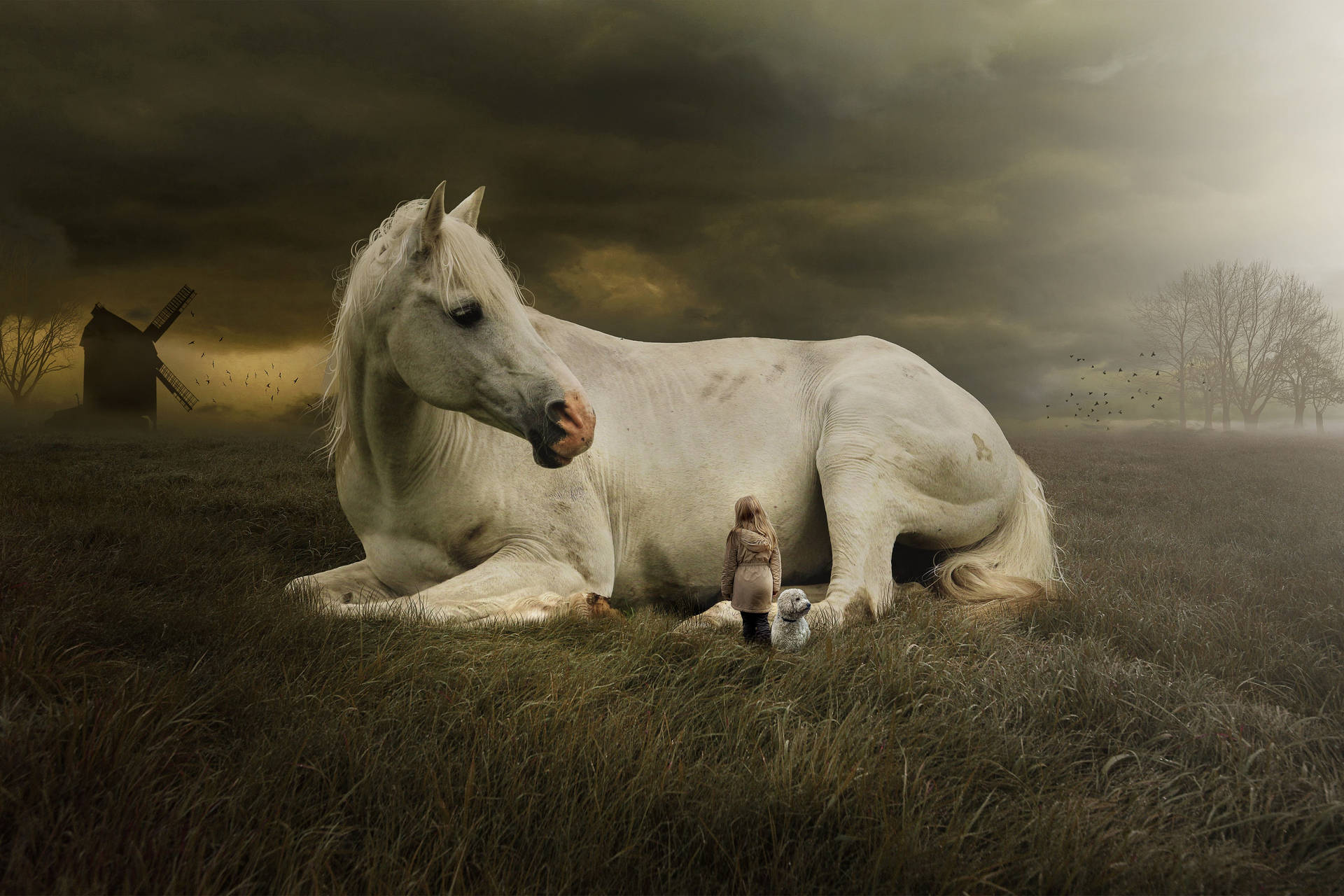 Giant Cute Horse With Girl And Puppy Background