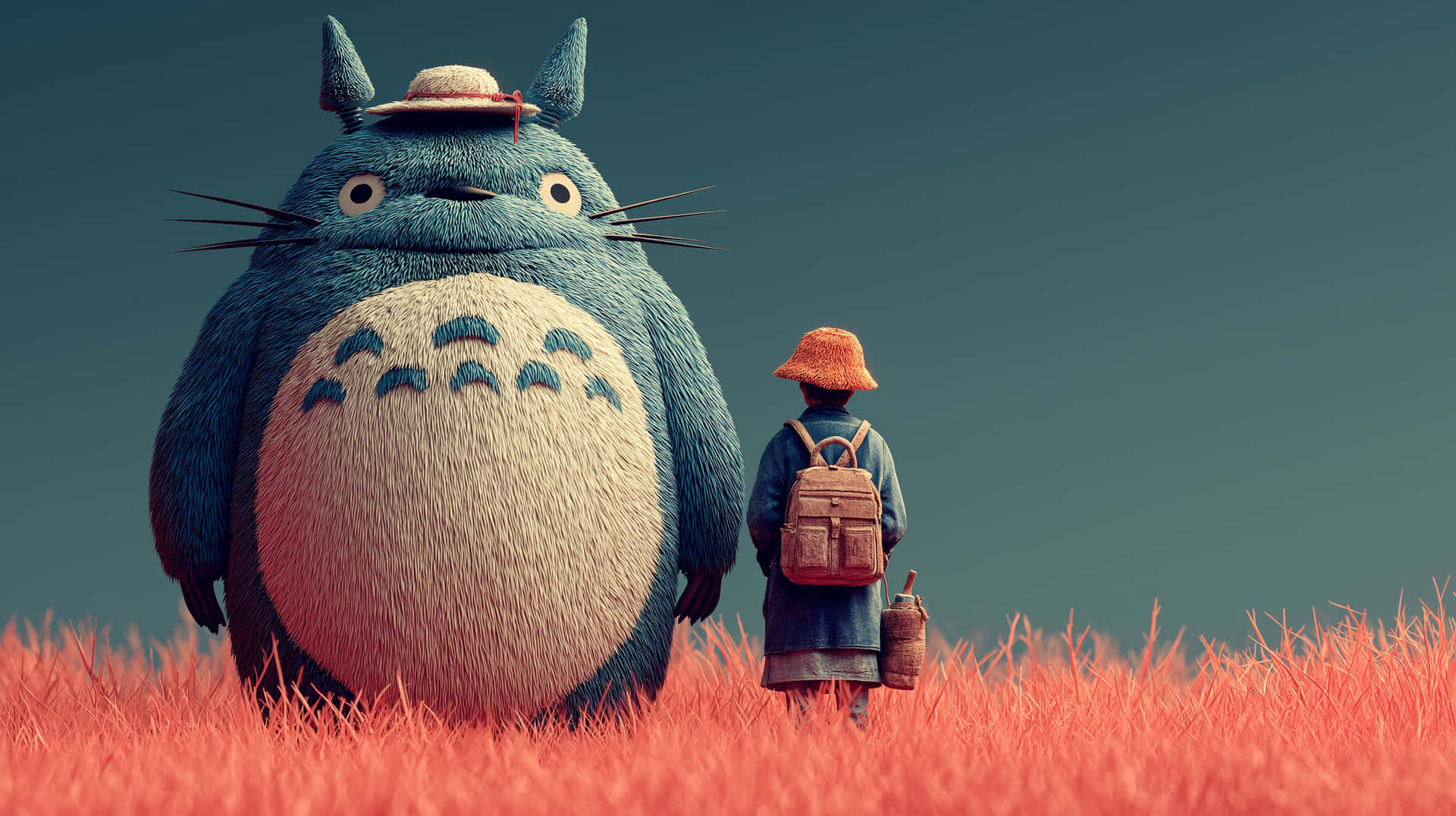 Giant Ghibli-style Totoro And Child In A Red Grassy Field Wallpaper