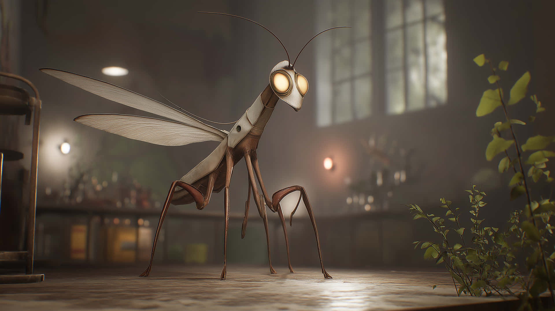 Giant Mechanical Mantis In Industrial Warehouse Setting Wallpaper