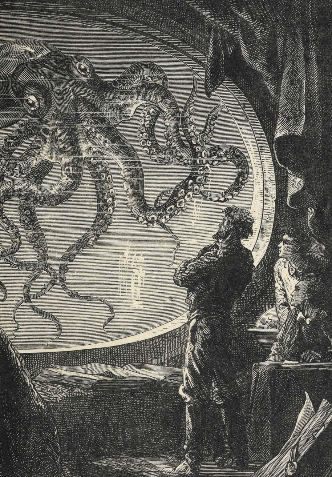 Giant Octopus Encounter Vintage Illustration Wallpaper