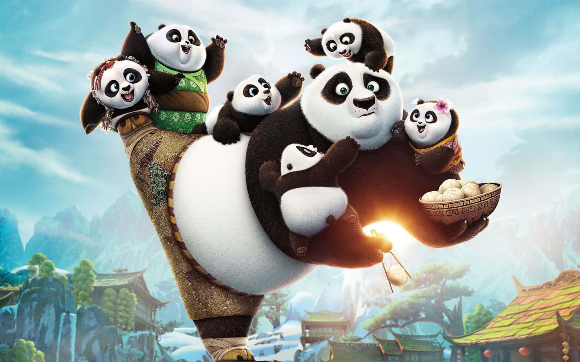Giant Panda Carrying Baby Pandas Wallpaper
