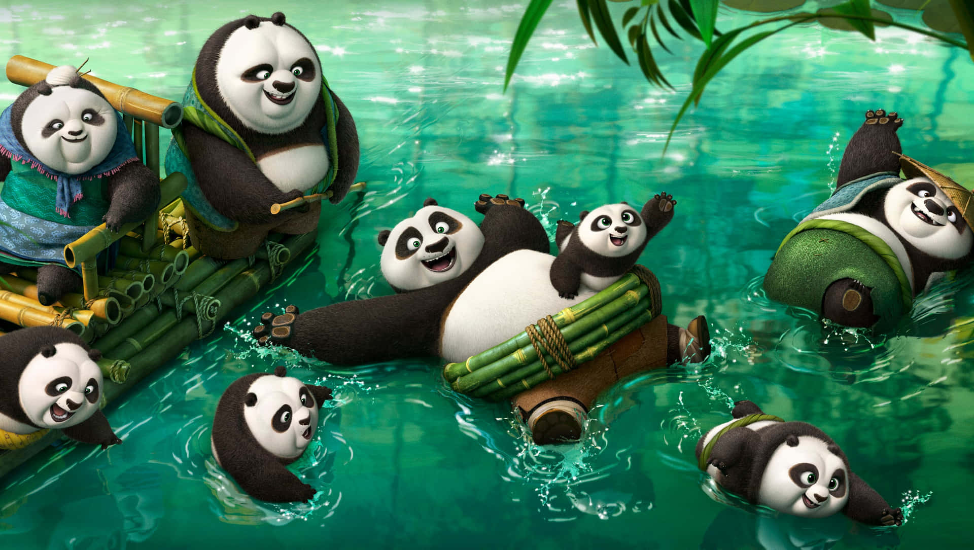 Giant Pandas Enjoying And Swimming Background